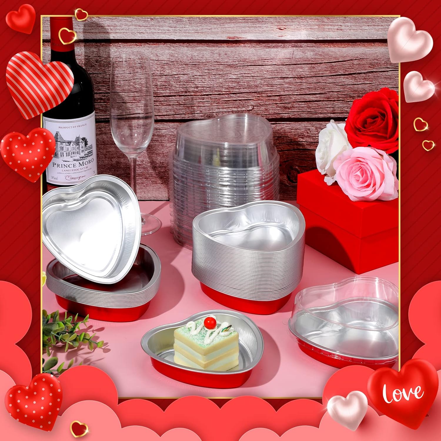 Yinkin Juego de 50 moldes de 9 onzas con forma de corazón para el Día de la Madre de 5.4 pulgadas, moldes de papel de aluminio para cupcakes con