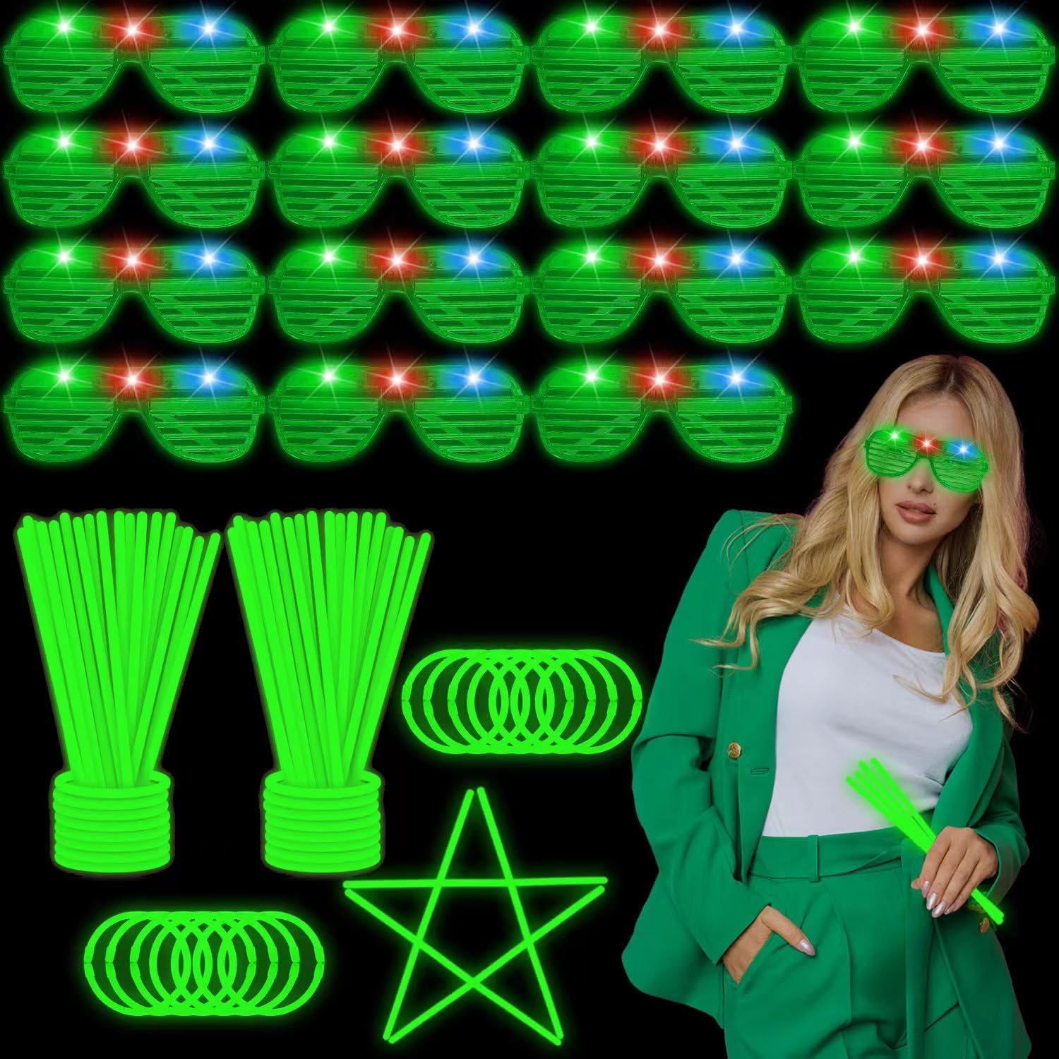 115 piezas de suministros de fiesta que brillan en la oscuridad, 100 collares verdes brillantes a granel, 15 lentes LED para el 4 de julio, juguete