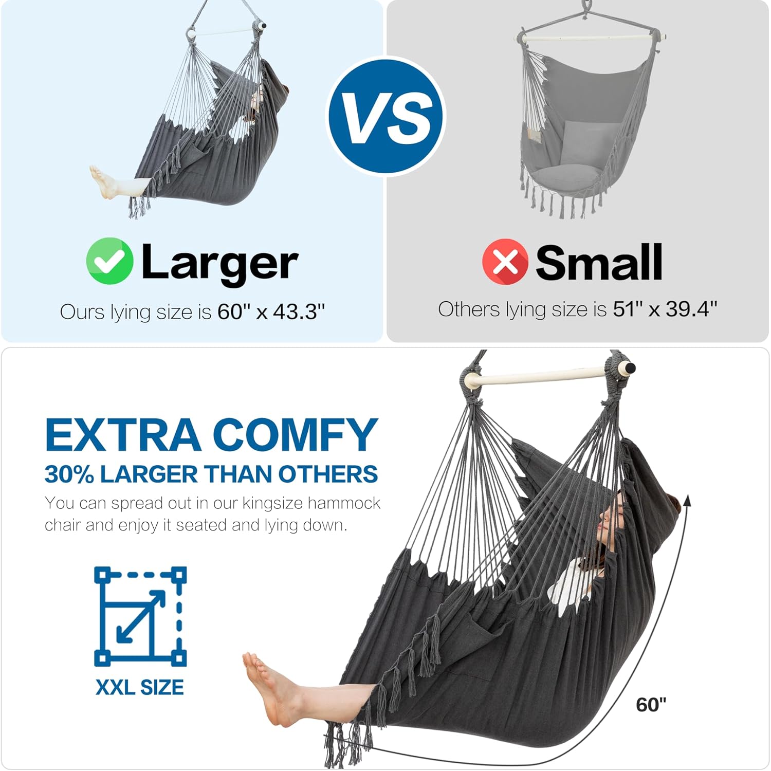 PNAEUT Silla hamaca tamaño XXL, silla colgante, silla oscilante, máximo 550 libras, reposacabezas patentado, 2 cojines, macramé grande con bolsillo,