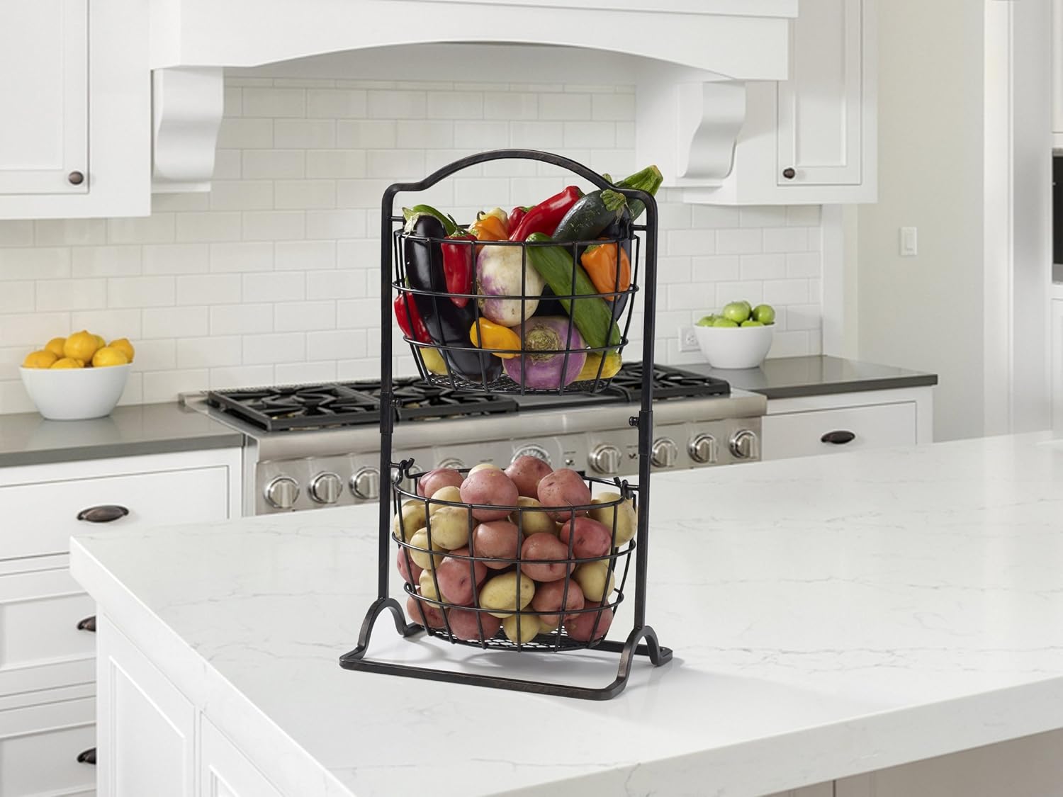 Gourmet Basics by Mikasa Harbor – Cesta de almacenamiento de frutas de metal de 2 niveles, color negro antiguo