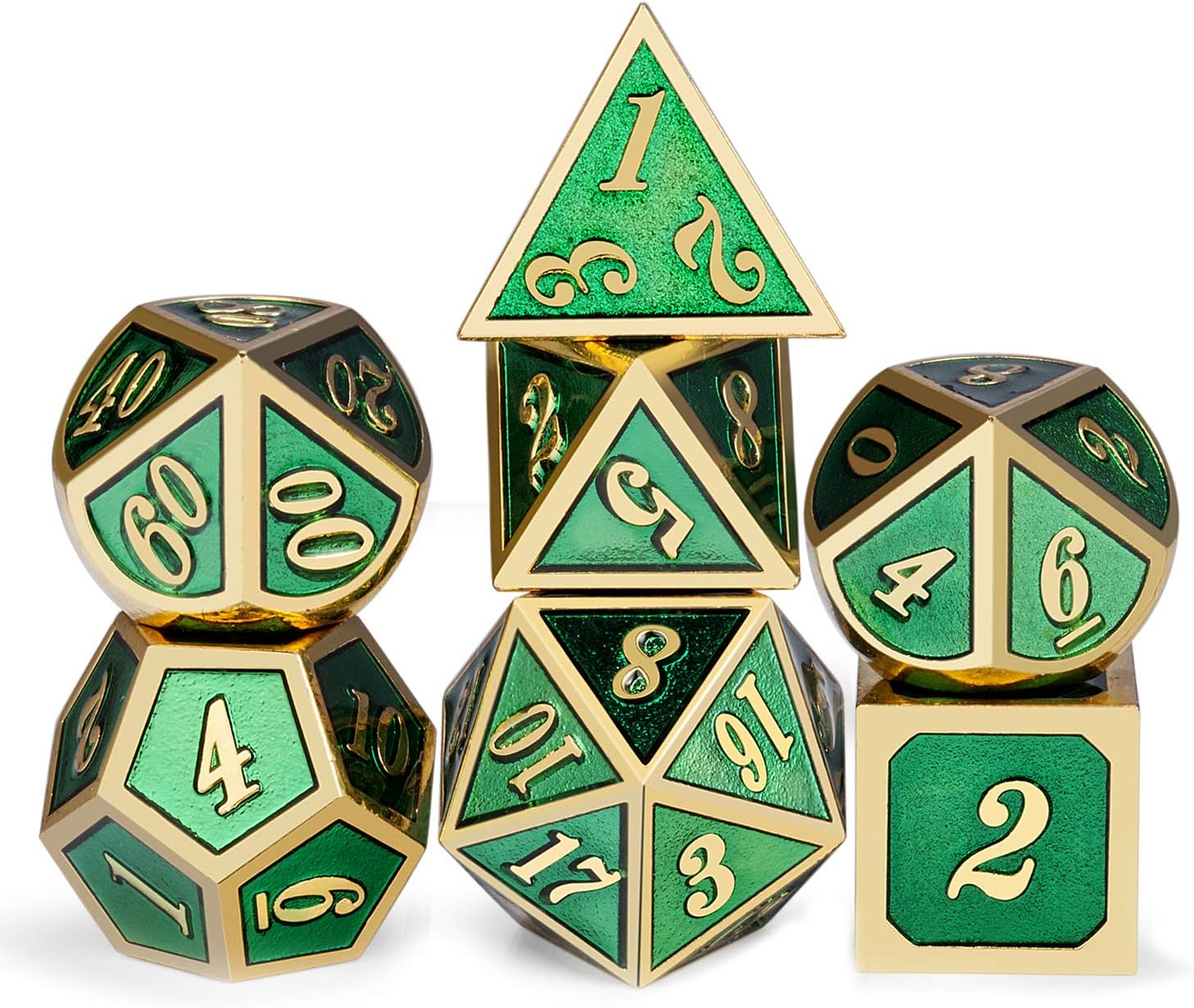 DNDND – Juego de dados de metal para D&D, 7dados DND verdes con caja de metal para juegos de rol como Dungeons and Dragons y juegos de mesa (números