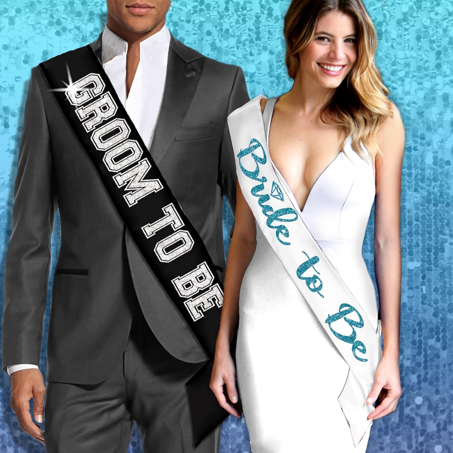 Juego de 2 bandas para novios de novia, color turquesa brillante, banda de satén blanco y banda de satén deportiva plateada para novio a ser negro,