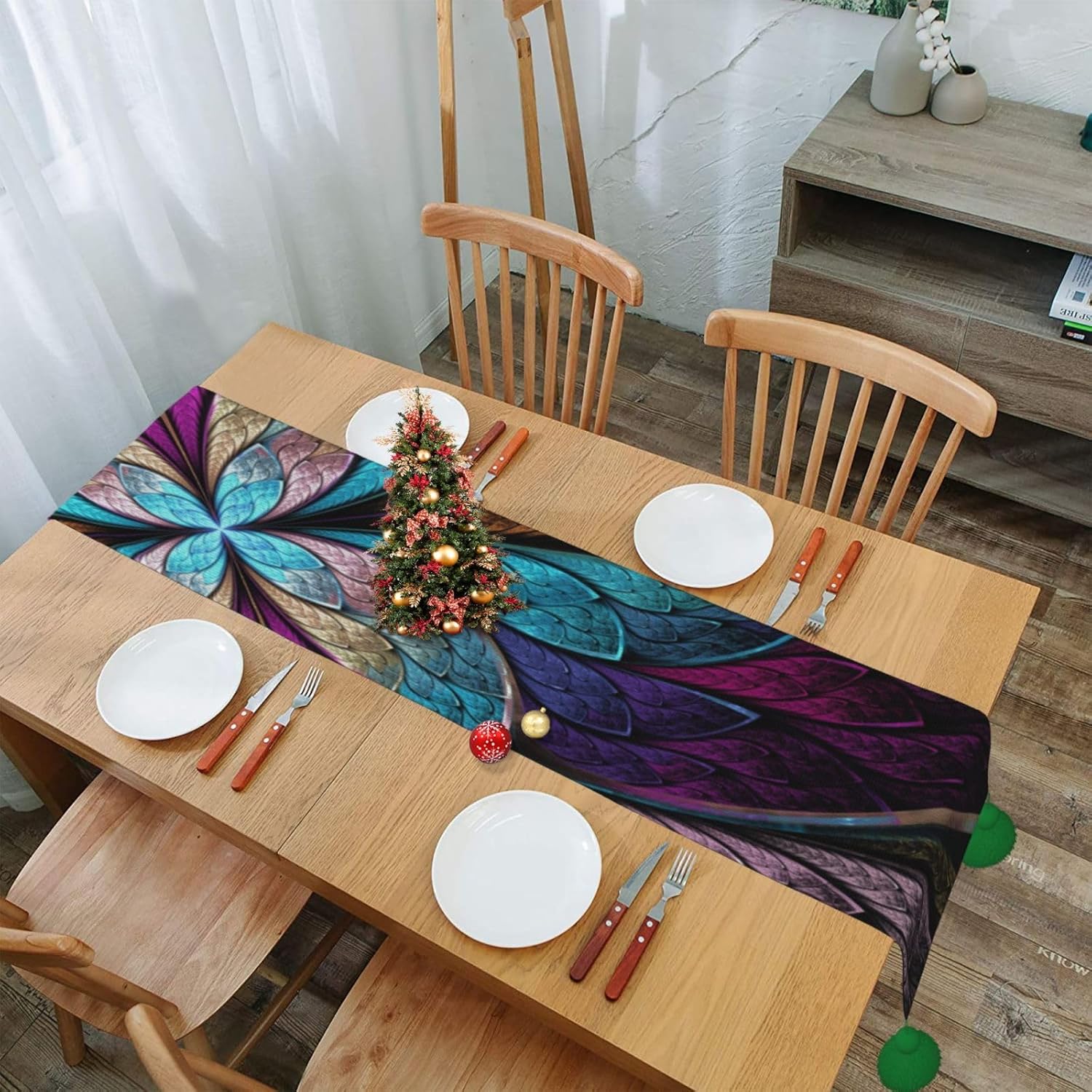 Camino de mesa de Navidad con diseño de mariposas y arco iris, decoración de mesa de comedor, decoración de Navidad para interiores, decoración del