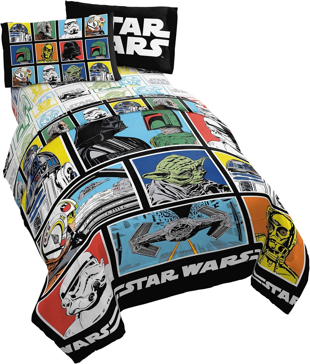 Star Wars Classic Grid – Juego de ropa de cama matrimonial de 5 piezas, incluye edredón reversible y juego de sábanas, ropa de cama con Luke