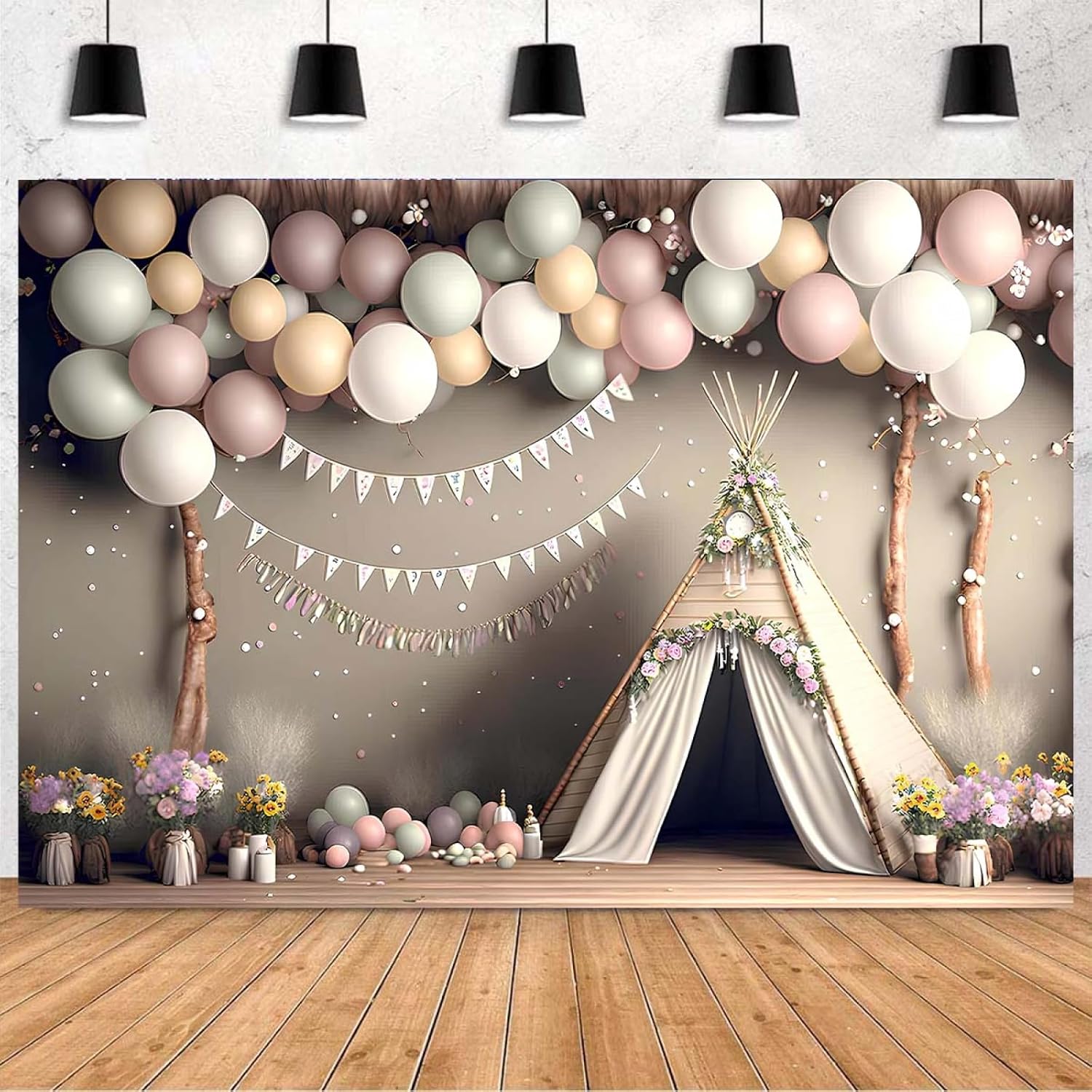 XUNJIN NO.01 – Fondo de fotografía de globo rosa bohemio para niños, fiesta de primer cumpleaños, pastel, retrato, decoración de fotos, telón de