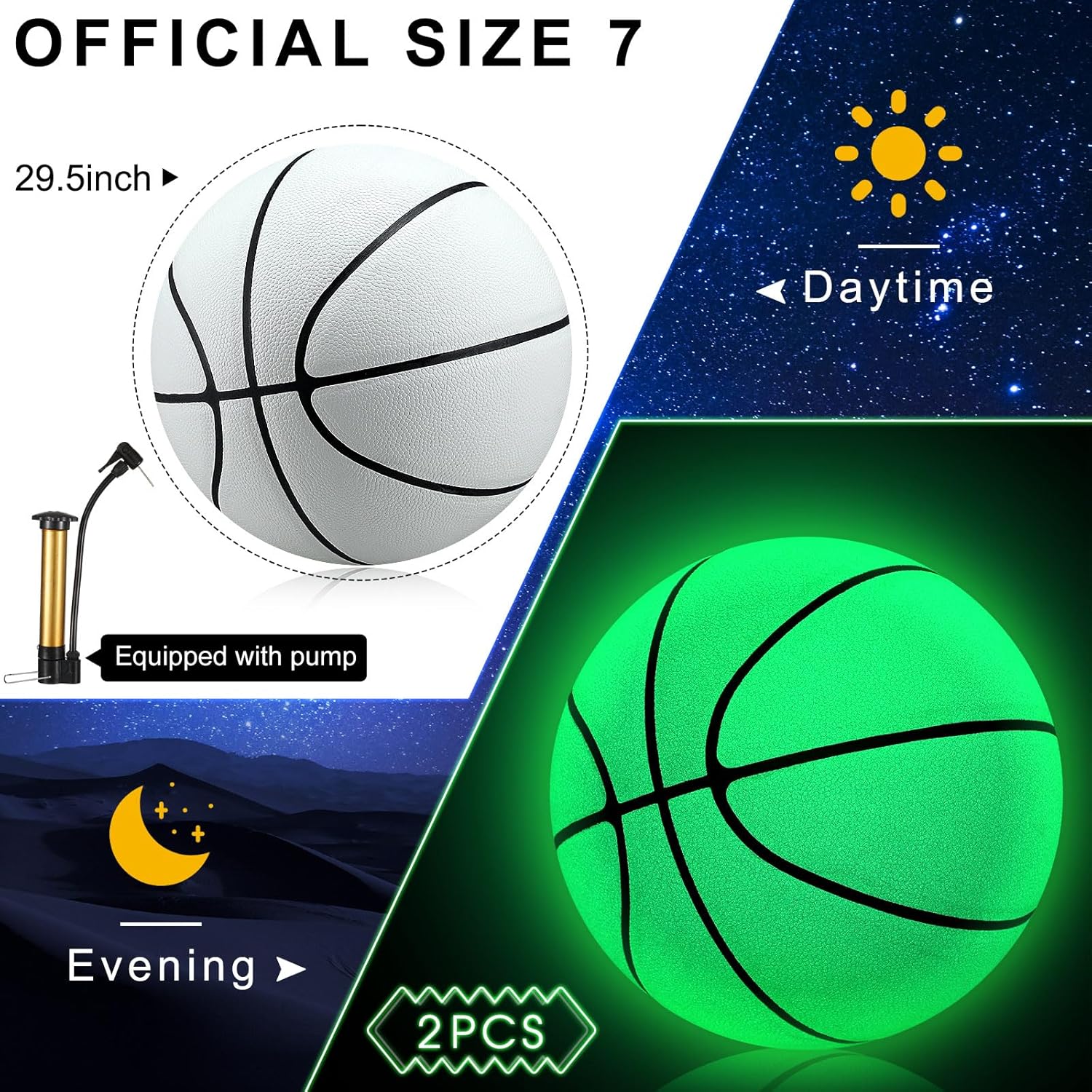 3 Pcs Glow in The Dark Basketball Set, Includes Size 7 Glowing Basketball Light up Nightlight Net with Pump for Hoop Luminous Sports Gift for Kids