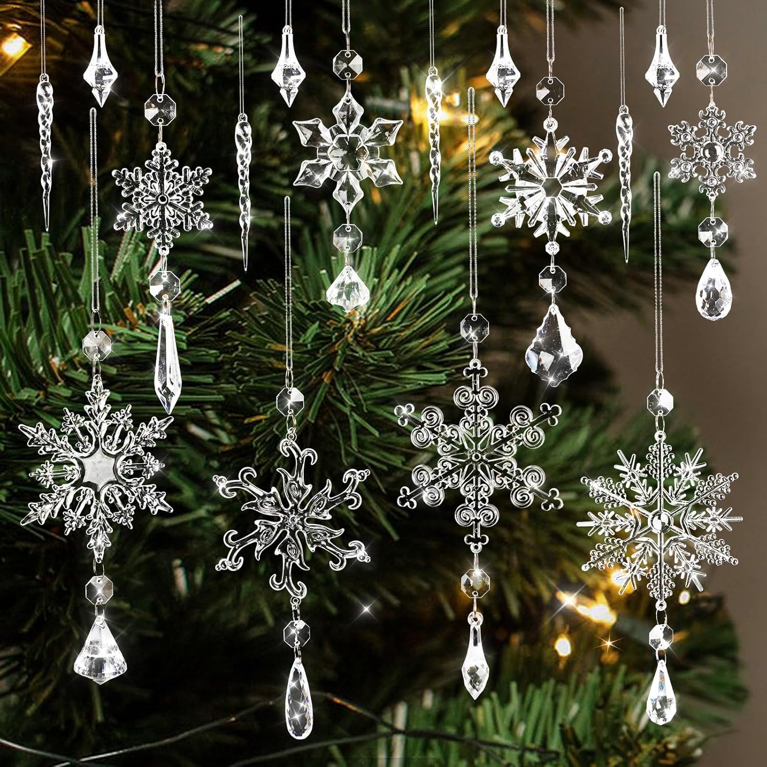 Adornos para árbol de Navidad, 16 piezas de adornos de copo de nieve de cristal, decoraciones colgantes de acrílico carámbanos de copo de nieve,