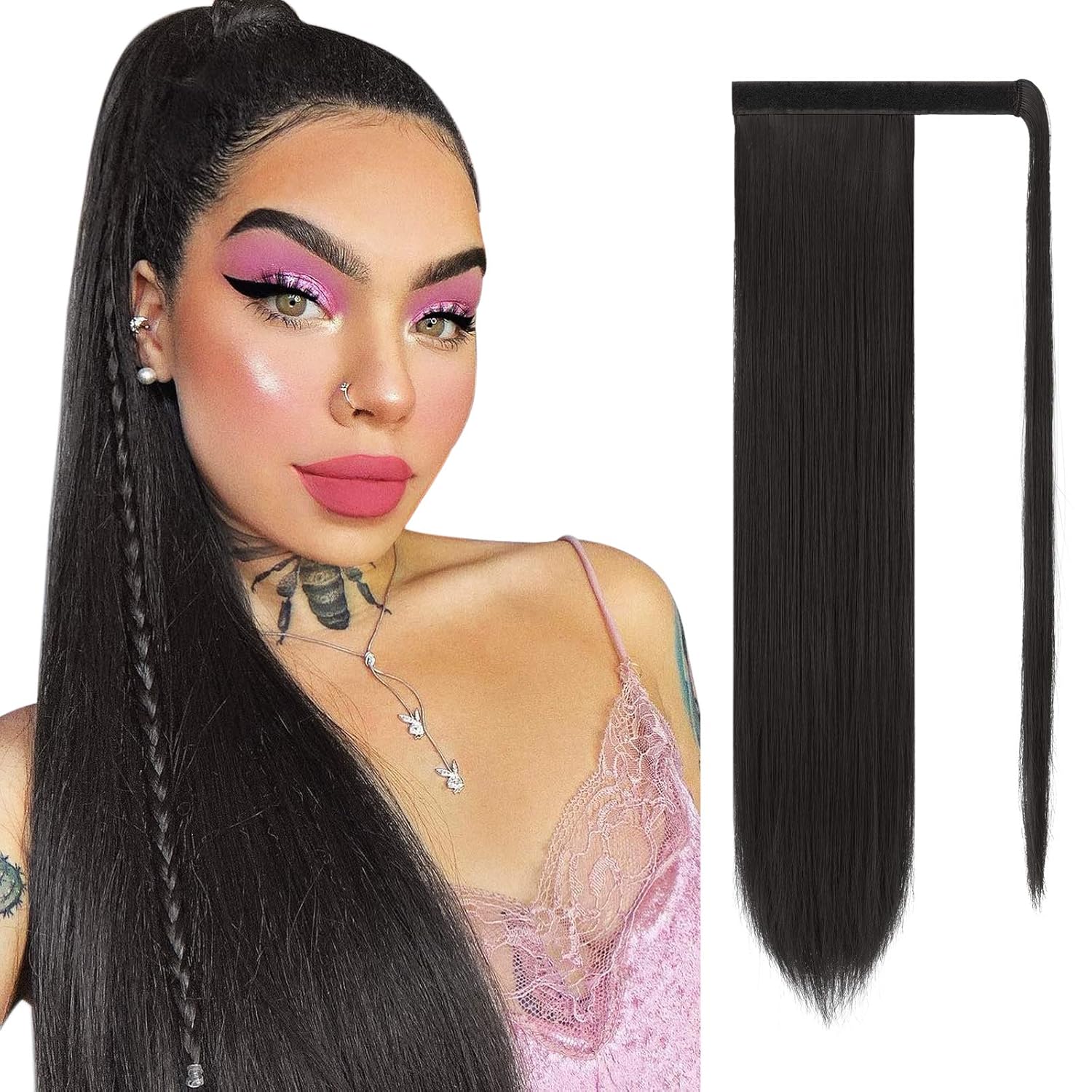 Sofeiyan – Extensión de cola de caballo larga, cabello lacio sintético, extensión con clip envolvente para mujer