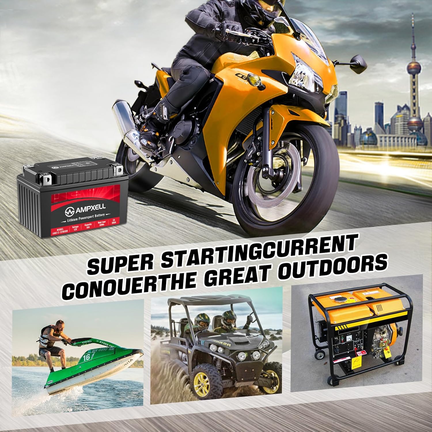 YTX7A-BS – Batería de litio para motocicleta de 12 V, 300 A, 5 Ah, repuesto YTZ10S-BS Powersport batería, motocicleta, ATV, UTV, scooter, 4 ruedas y