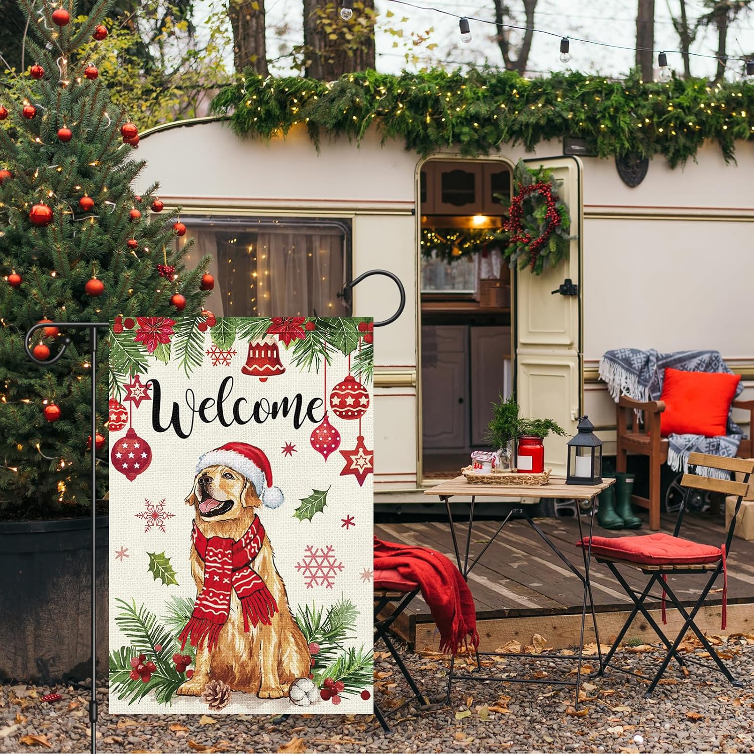 Bandera navideña de bienvenida para jardín, 12 x 18 pulgadas, arpillera de doble cara de perro Golden Retriever con sombrero de Navidad, banderas de