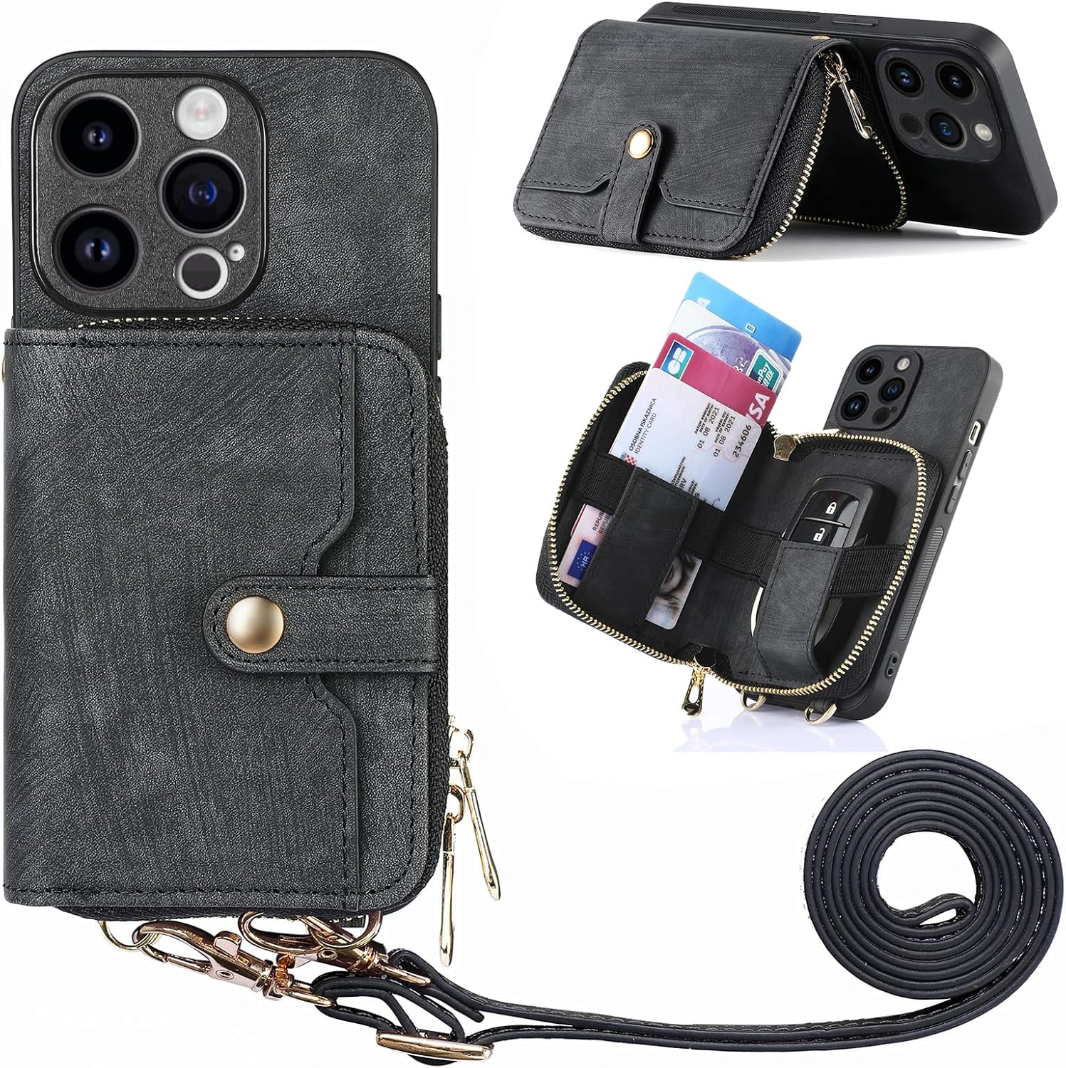 Asuwish Funda de teléfono para iPhone 14 Pro Max de 6.7 pulgadas con cremallera, con ranura para tarjeta de crédito, correa cruzada para el hombro,