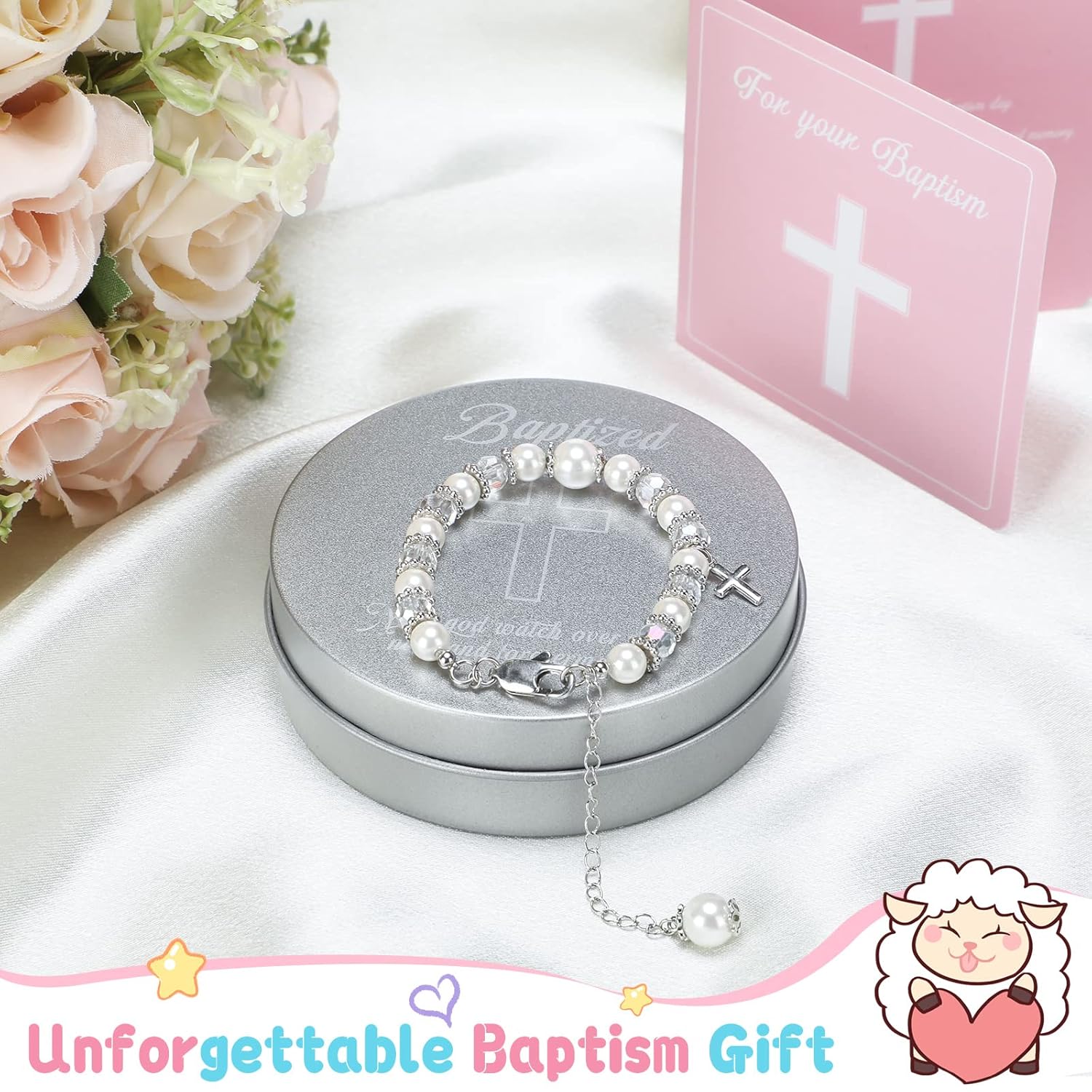 5 piezas de regalos de bautismo para niñas incluyen tarjeta de poesía de felpa de cordero de 8.5 pulgadas con caja de regalo, pulsera de bautismo