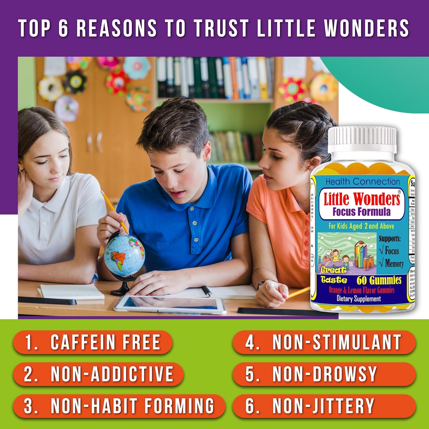 Little Wonders – Suplemento de refuerzo cerebral para niños, gomitas de concentración para adolescentes, concentración de apoyo, gomitas nootrópicas