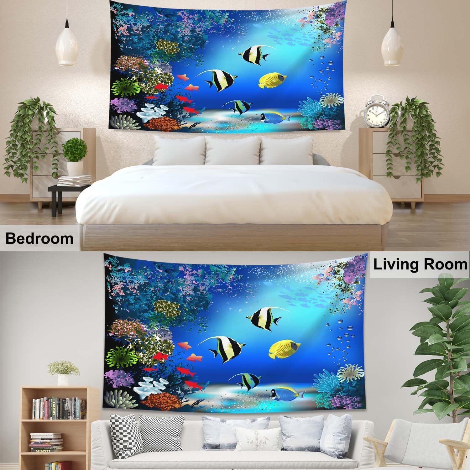 Pznen Maravillosos tapices del mundo submarino, tamaño grande, 80 x 60 pulgadas, peces coloridos, algas, plantas marinas, tapiz para dormitorio,