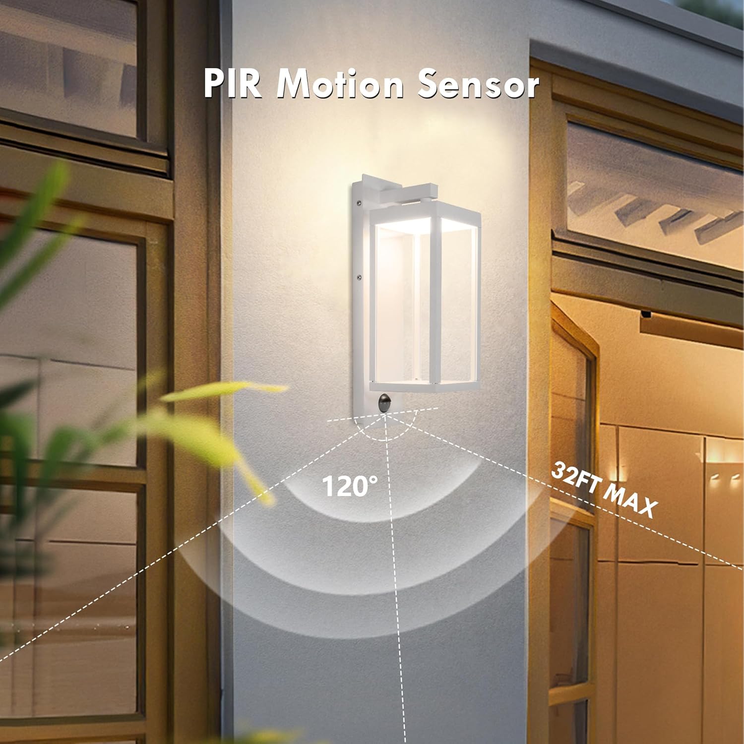 Luces de pared con sensor de movimiento para exteriores, lámpara LED moderna de 15 pulgadas, lámpara de porche blanca IP54 impermeable con vidrio