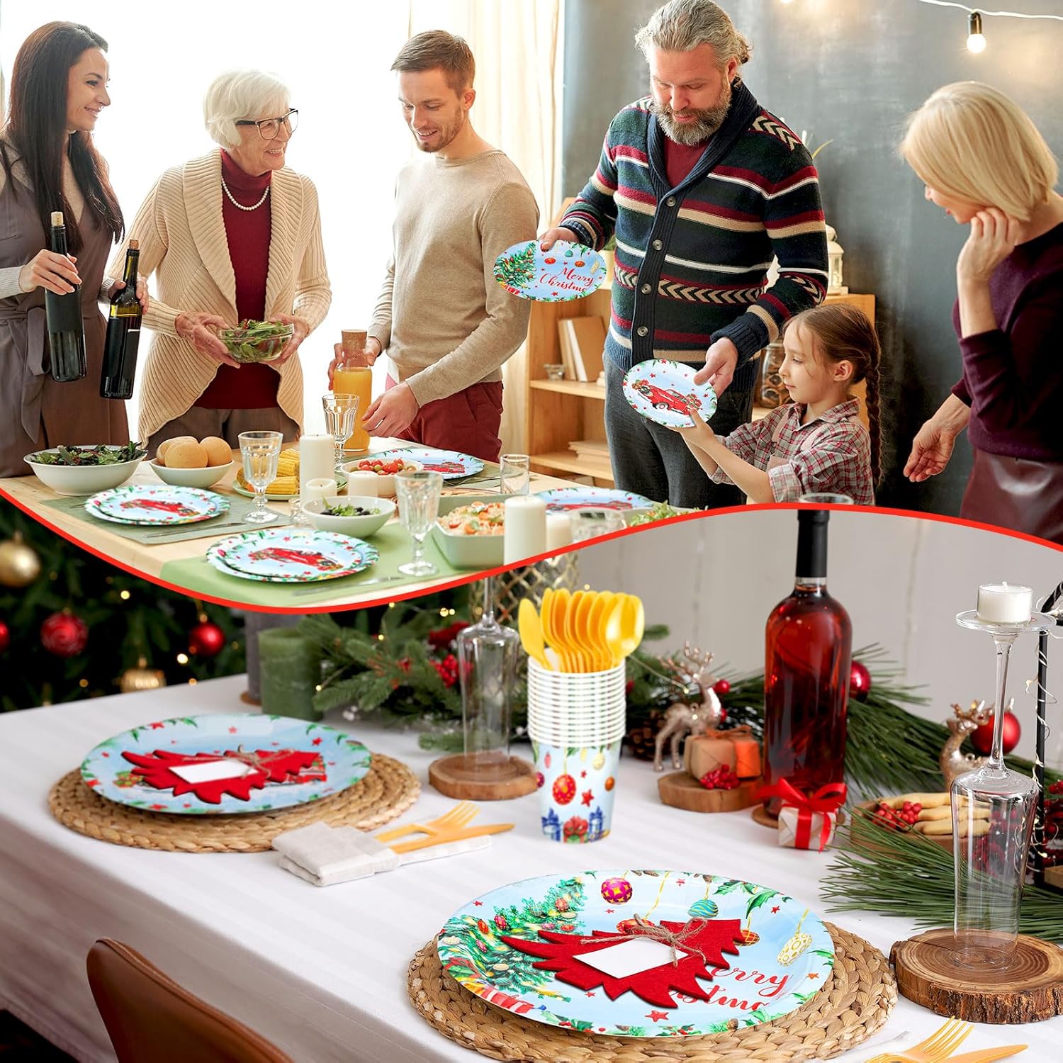 Juego de vajilla desechable de 350 piezas, sirve 50 unidades, platos de papel para camión de Navidad, servilletas de árbol de Navidad, tazas,