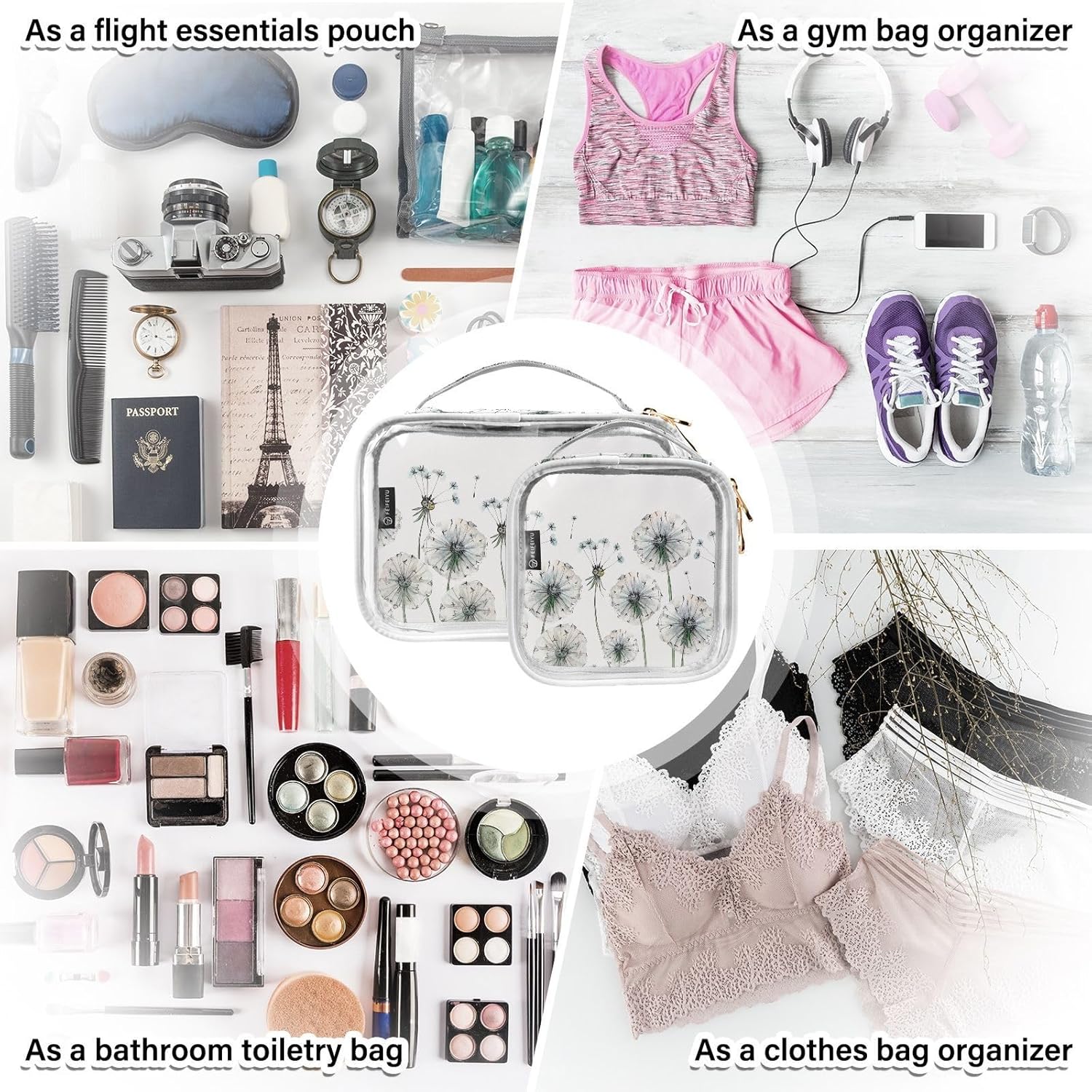 ZOEO Estuche de viaje transparente, paquete de 2 bolsas de maquillaje, dientes de león, flores, neceser, cosméticos, portátil, organizador portátil