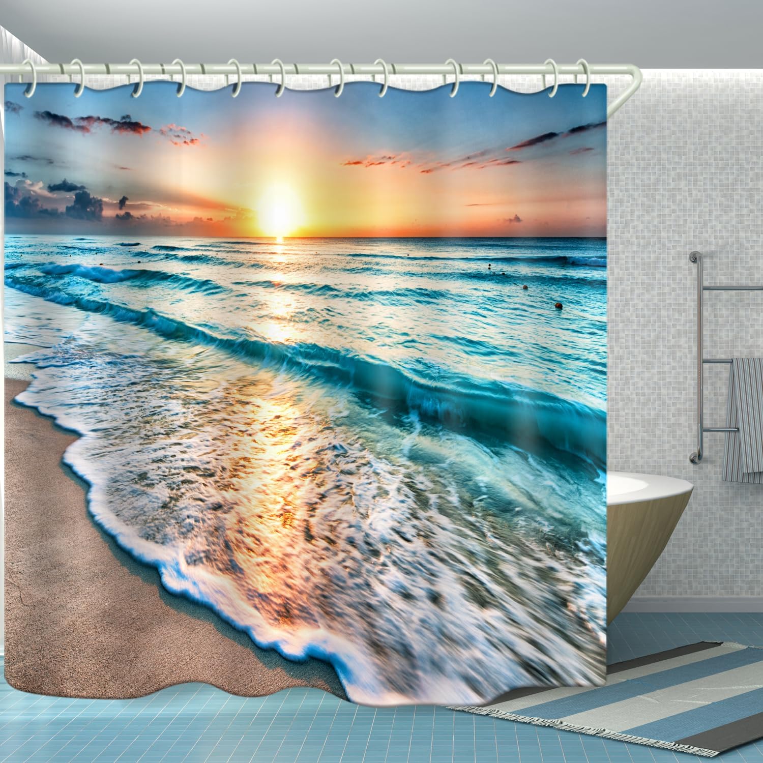 LYFANS El baño tiene una cortina de ducha de playa al atardecer y la bañera tiene una lujosa cortina de ducha estándar. Cortina de ducha de tela