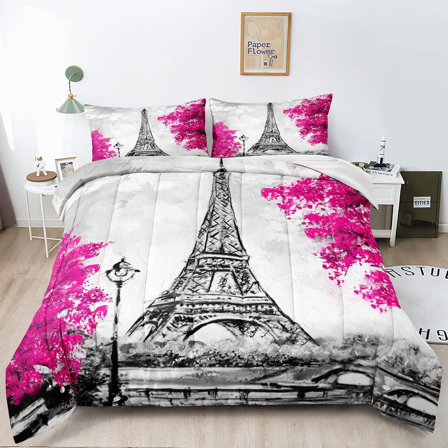 Juego de edredón de la Torre Eiffel, tamaño matrimonial, juegos de ropa de cama de París para niñas, parejas, estilo Francia, París, Torre Eiffel,