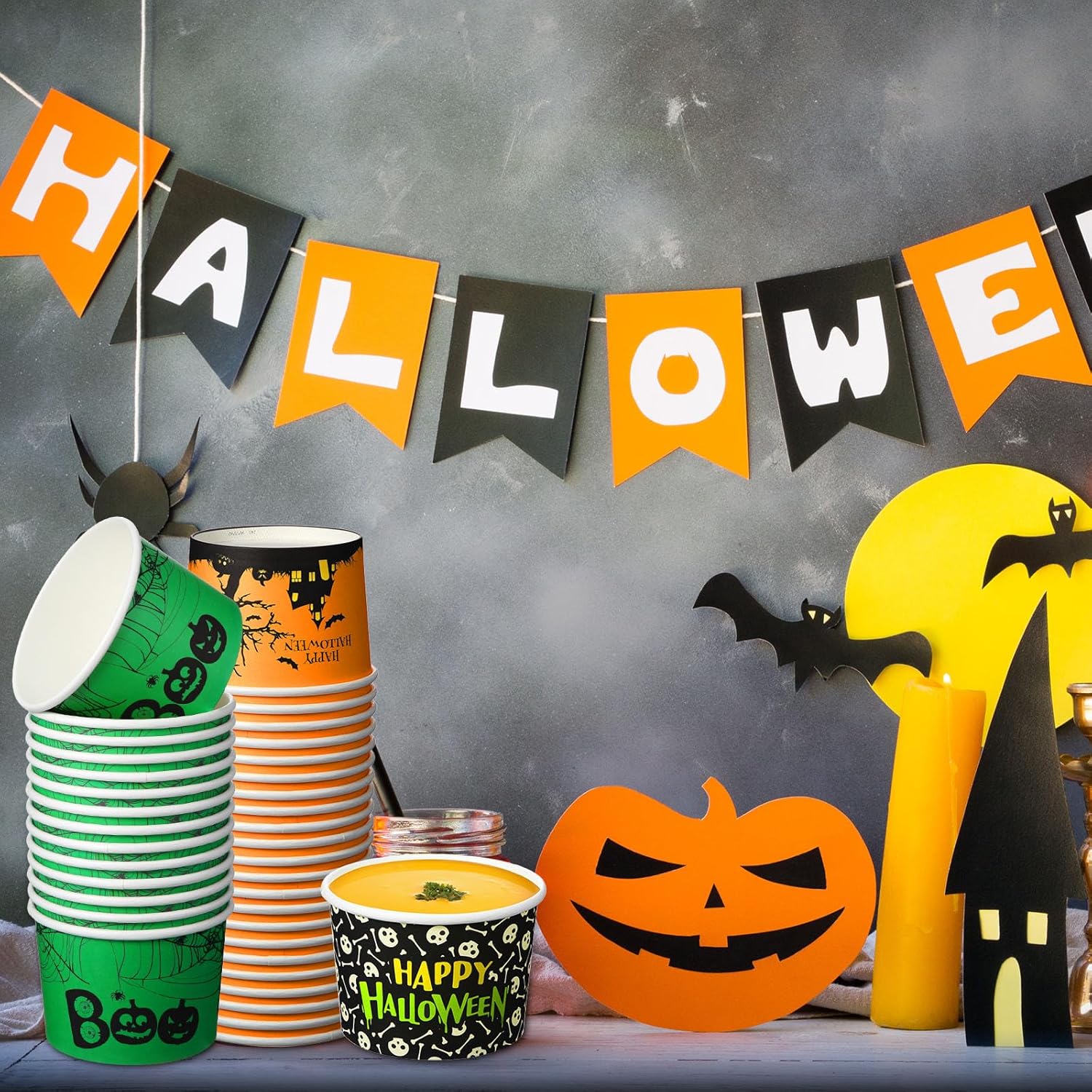 Hsei Paquete de 120 tazas de aperitivos de Halloween de 9 onzas, tazas de helado de Halloween, cuencos de papel de calabaza fantasma para dulce o