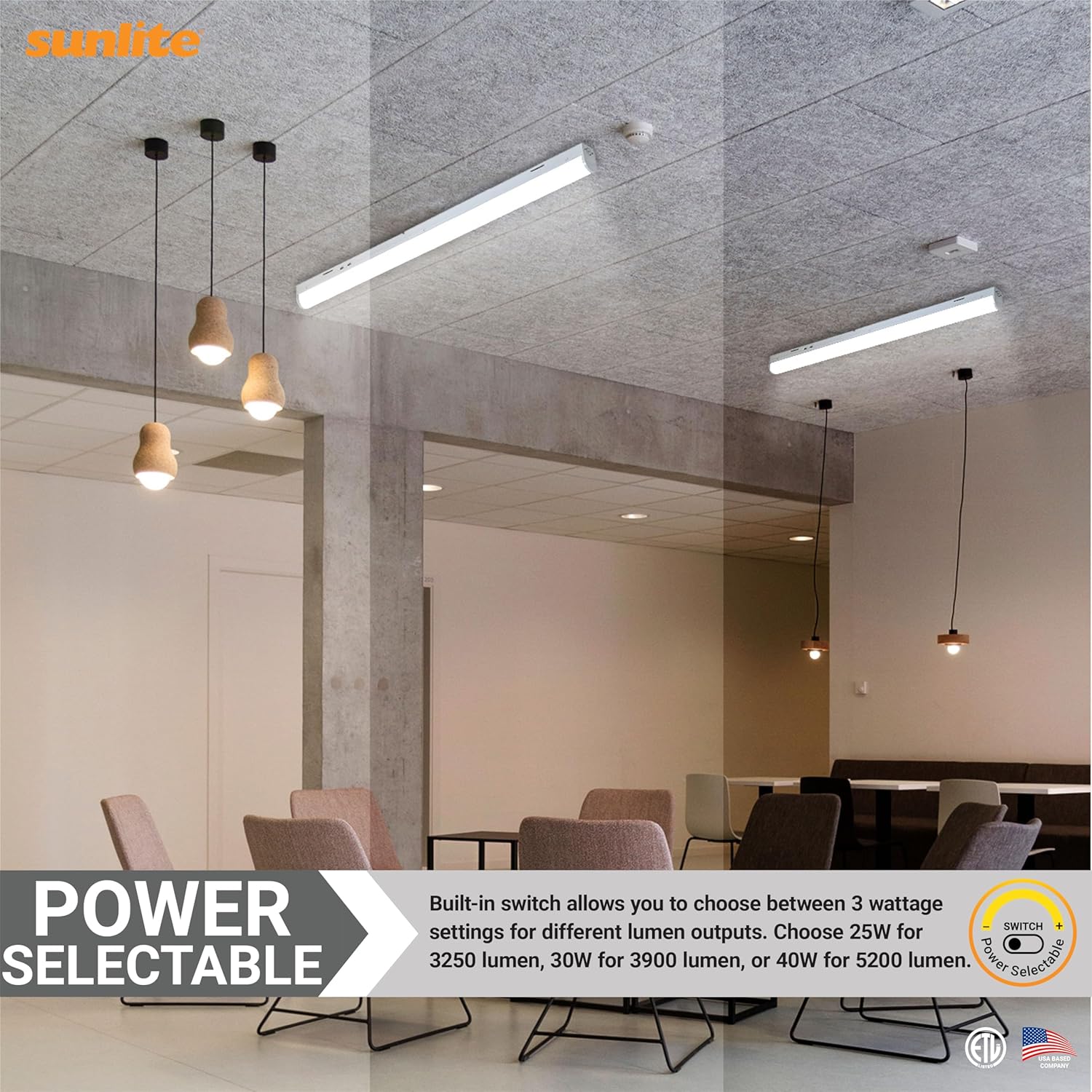 Sunlite 85467 – Tira de luz LED de 4 pies, seleccionable de potencia 25 W30 W40 W, multivoltio, 325039005200 lúmenes, seleccionable por color