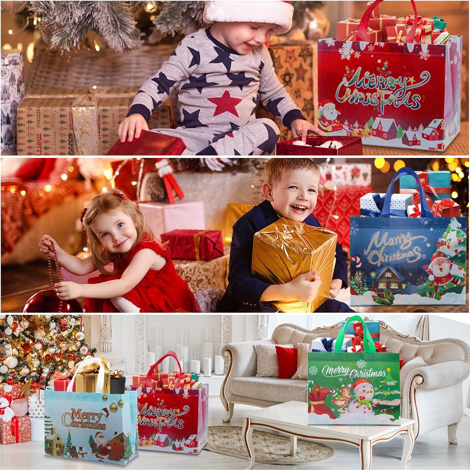 MATONELL 12 bolsas de Navidad grandes para regalo de Navidad con asas, bolsas reutilizables de Navidad no tejidas, bolsas de compras para
