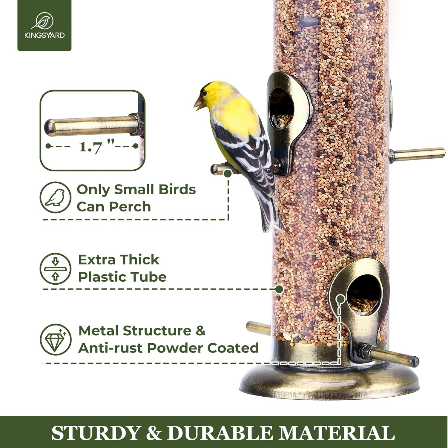 Kingsyard Comederos metálicos para colgar en exteriores, comedero para pájaros de tubo extra grueso con colgador de acero y 4 puertos, 15 pulgadas,