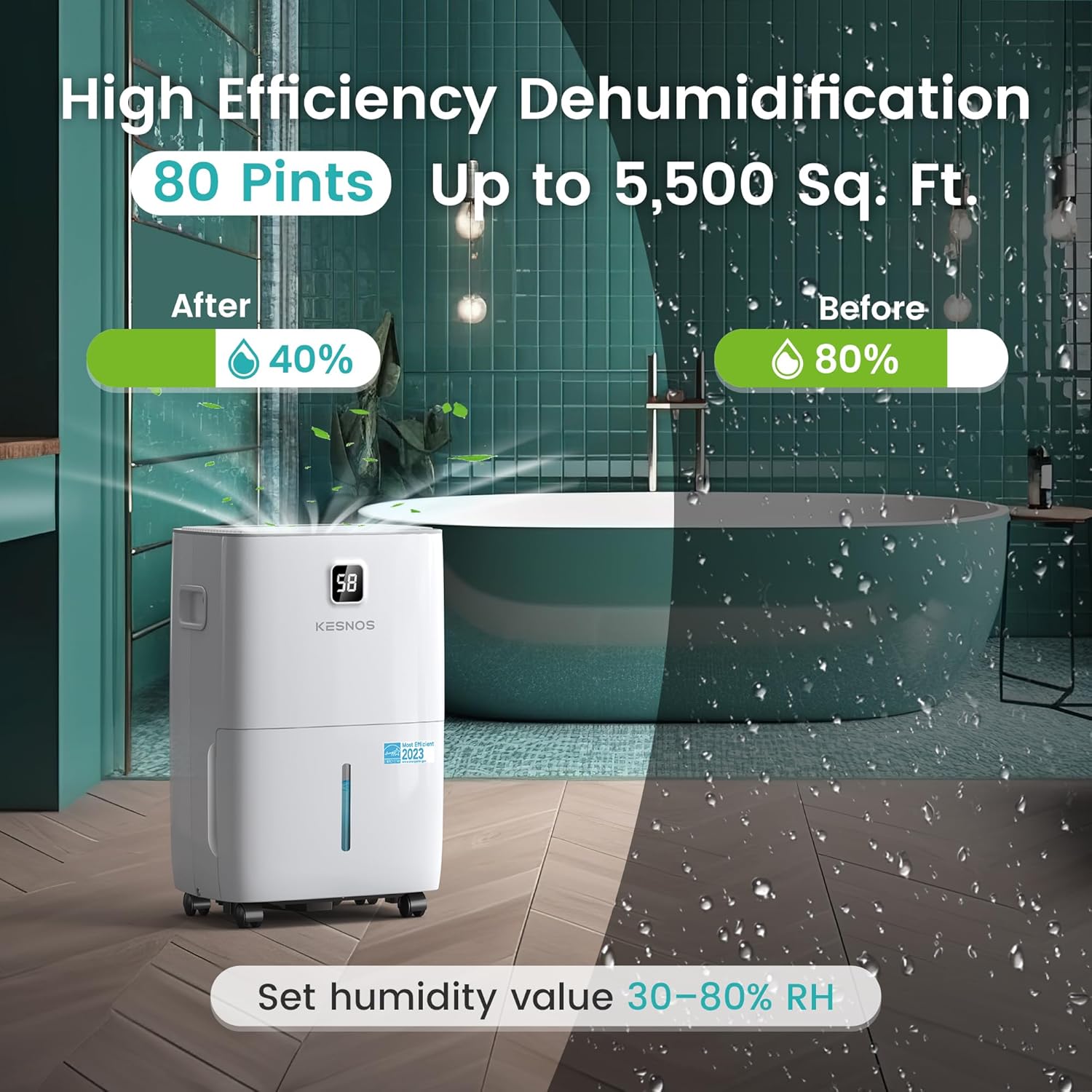 Kesnos Deshumidificador para el hogar de 80 pintas, el más eficiente Energy Star 2023 para espacio de hasta 5500 pies cuadrados  Deshumidificador
