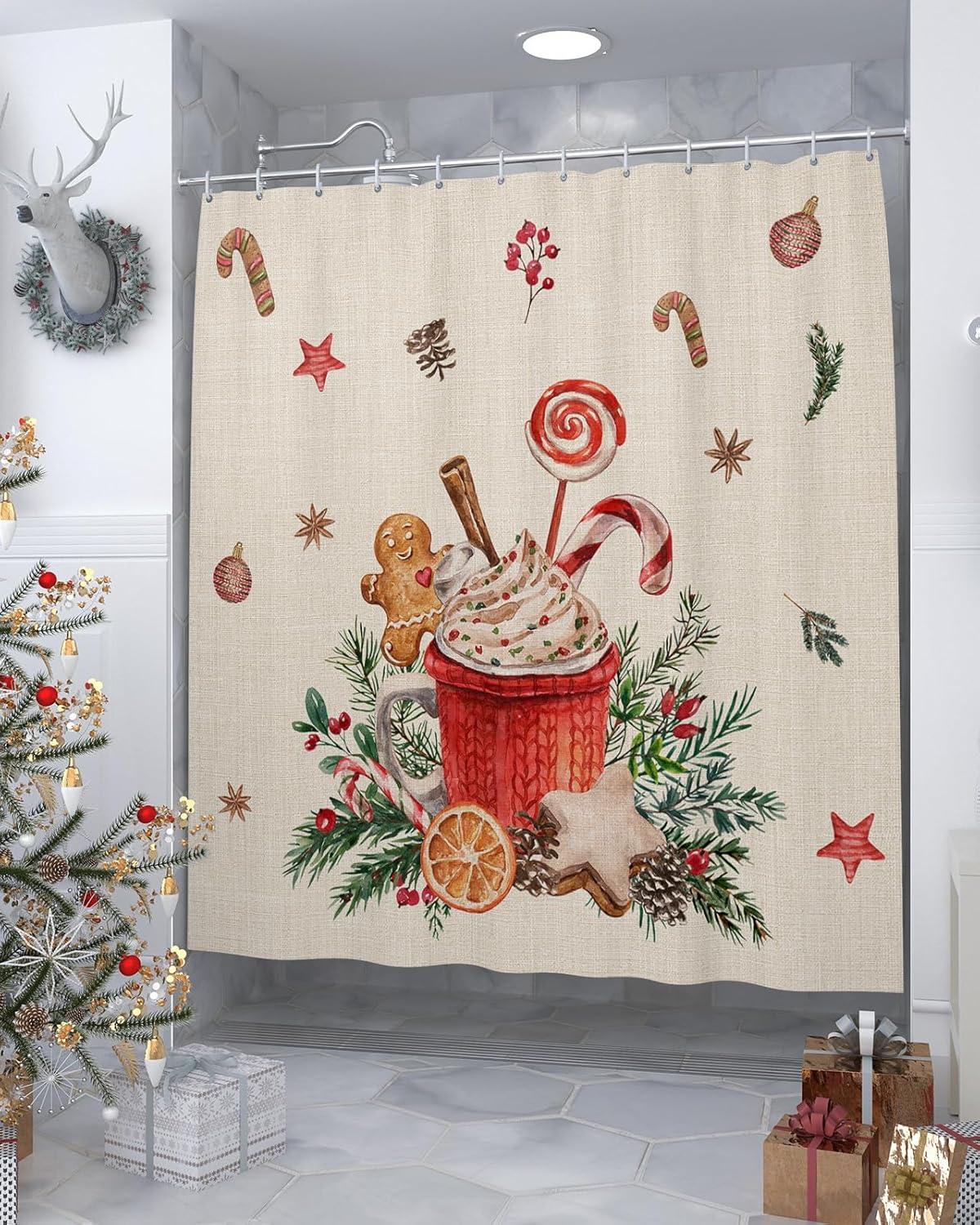 Juego de cortinas de ducha impermeables con 12 ganchos, pastel de jengibre, hombre de jengibre, bayas, vintage, 72 x 72 pulgadas, decoración de