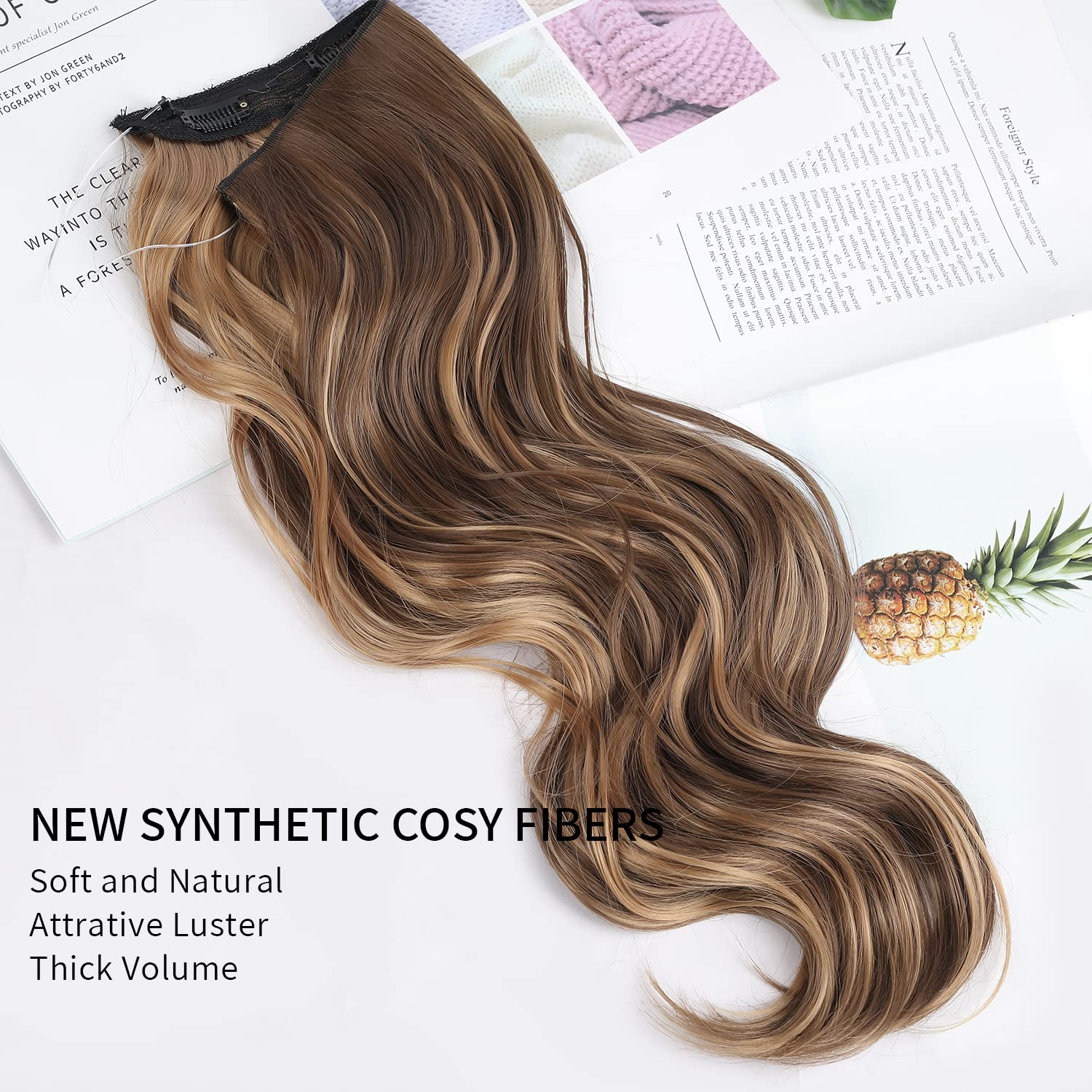Ubeleco Extensiones de cabello con alambre invisible con alambre transparente, tamaño ajustable, 4 clips seguros, postizo largo sintético rizado de
