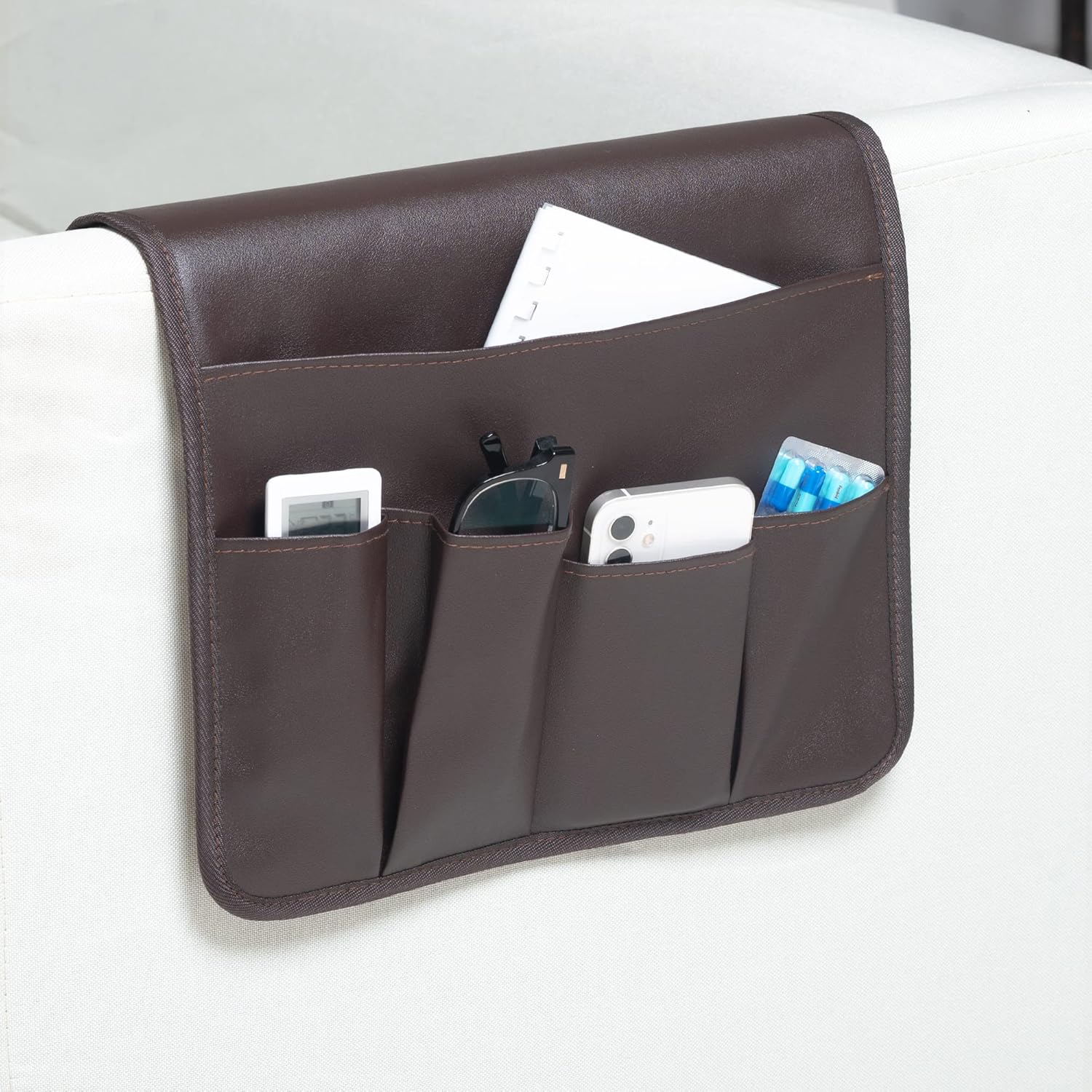 PU Leather Sofa Armrest Organizer, Armchair Magazine Holders, Waterproof Remote Holder for Recliner Couch with 1 Large Pocket, 4 Small Pockets for
