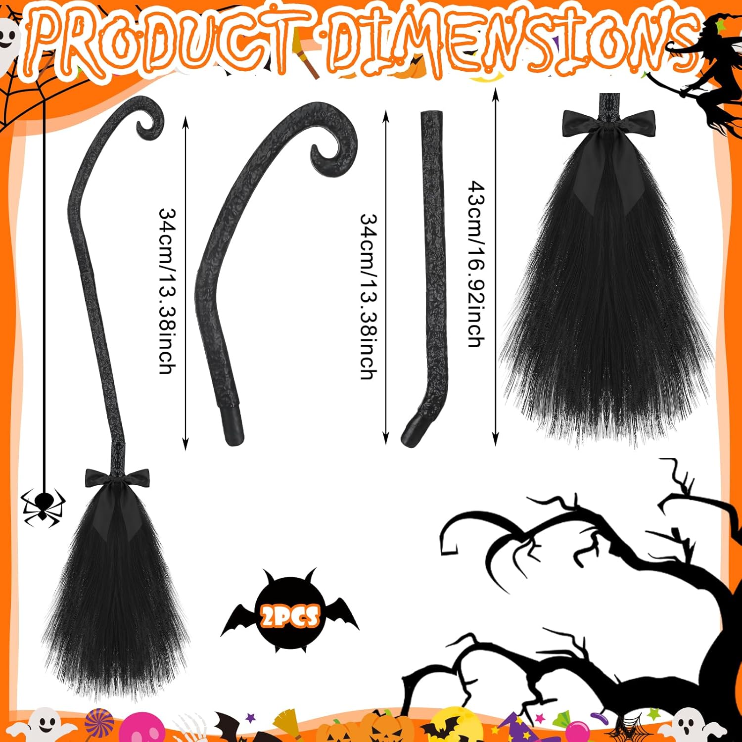 Escoba de bruja de Halloween, escoba de bruja de Halloween con cintas, accesorios de bruja de mago, decoración de bruja, disfraz de bruja, escoba
