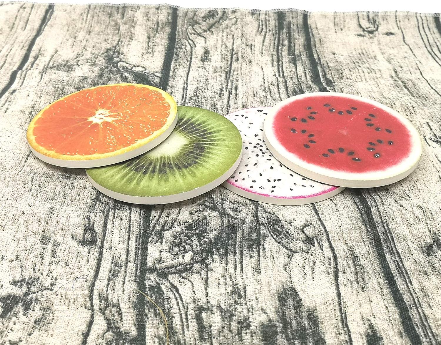 Posavasos para bebidas, 4 piezas, divertido juego de cerámica absorbente de piedra, kiwi fresco, fruta del dragón, sandía, naranja, posavasos para