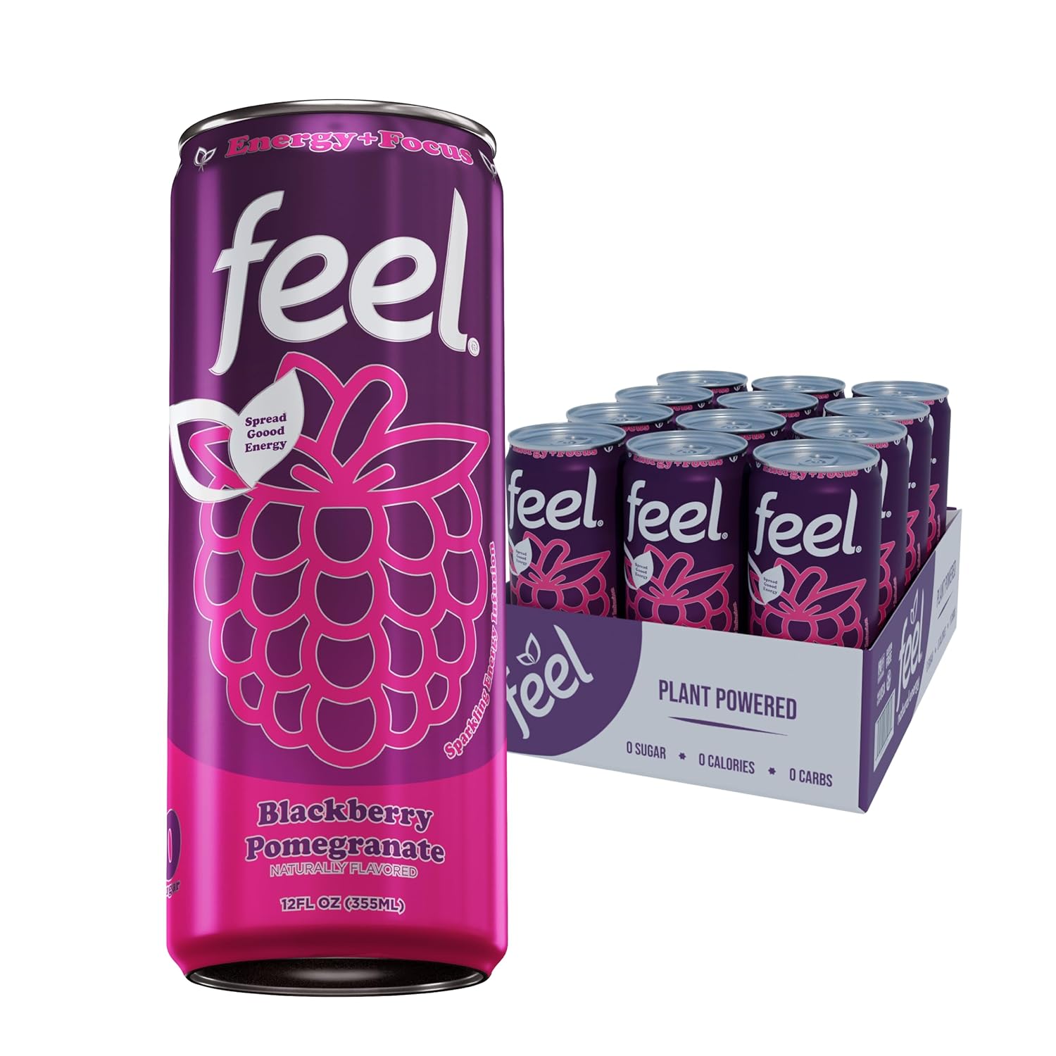 FEEL Zero Sugar – Bebidas energéticas naturales, granada de mora espumosa, bebidas energéticas saludables, L-teanina para la concentración, vitamina
