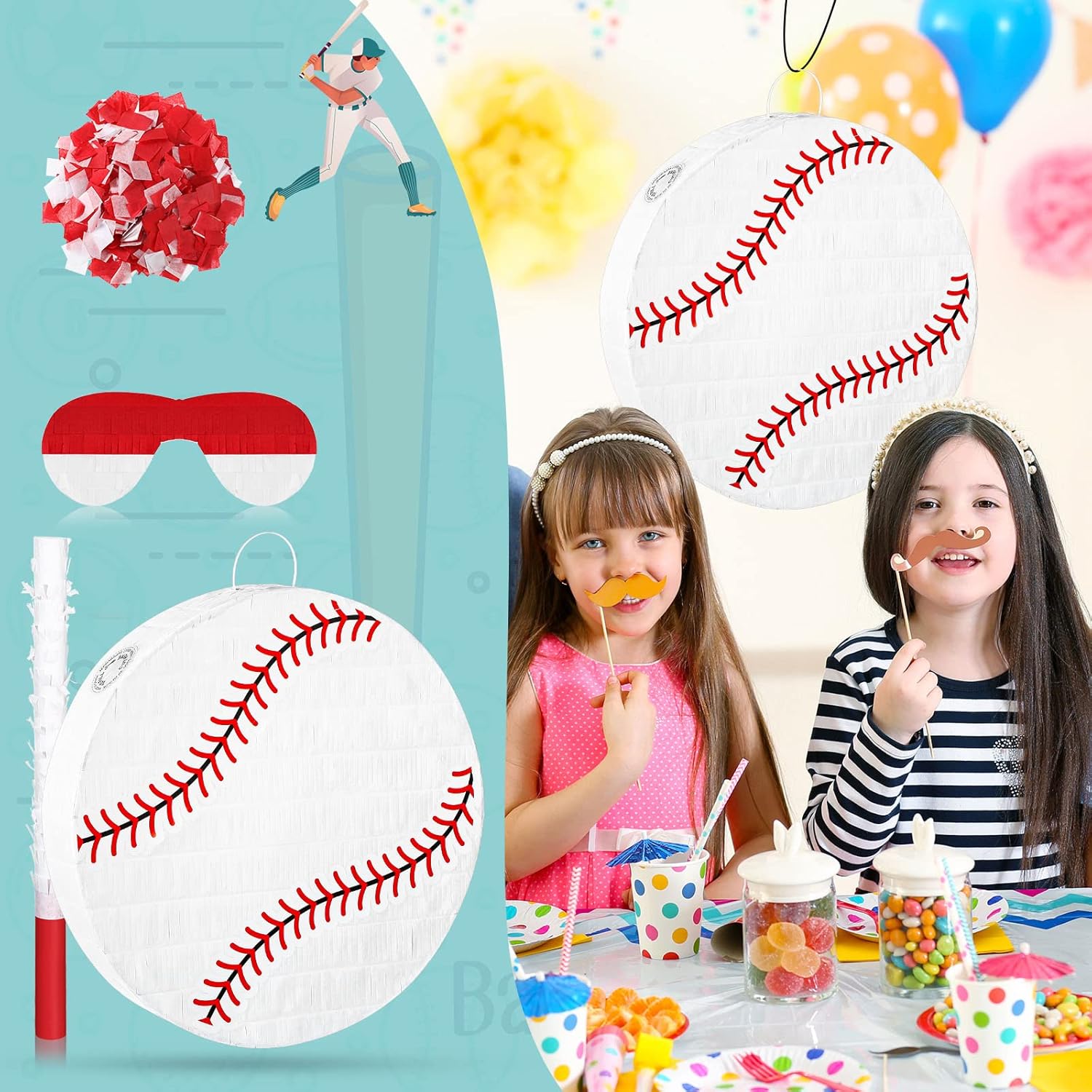 Piñata de béisbol de 16 pulgadas, regalos de fiesta de béisbol, suministros de fiesta de cumpleaños, piñata grande con palito de piñata y confeti