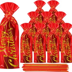 Teling 100 bolsas de regalo para botella de vino de Navidad, bolsa de celofán, funda roja para bolsa de vino de Feliz Navidad, incluye 50 bolsas de Teling 100 bolsas de regalo para botella de vino de Navidad, bolsa de celofán, funda roja para bolsa de vino de Feliz Navidad, incluye 50 bolsas de