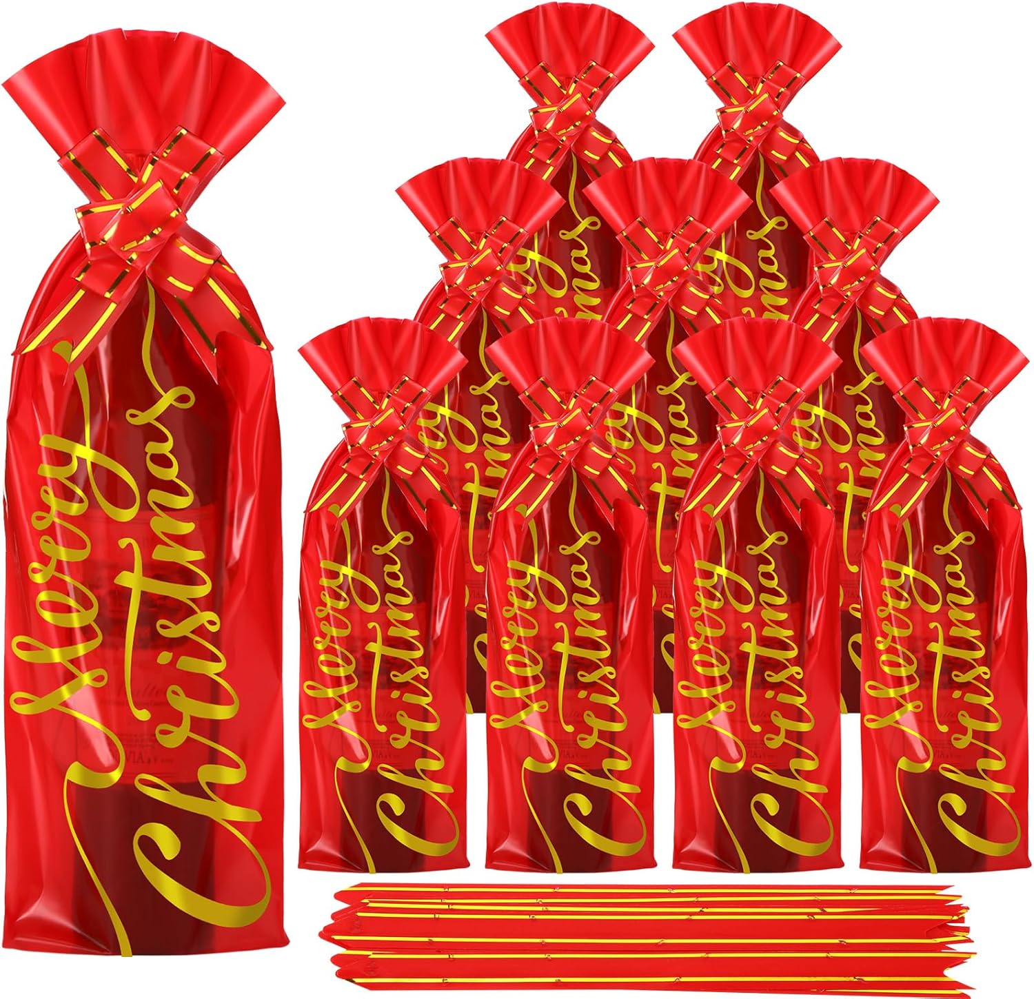 Teling 100 bolsas de regalo para botella de vino de Navidad, bolsa de celofán, funda roja para bolsa de vino de Feliz Navidad, incluye 50 bolsas de