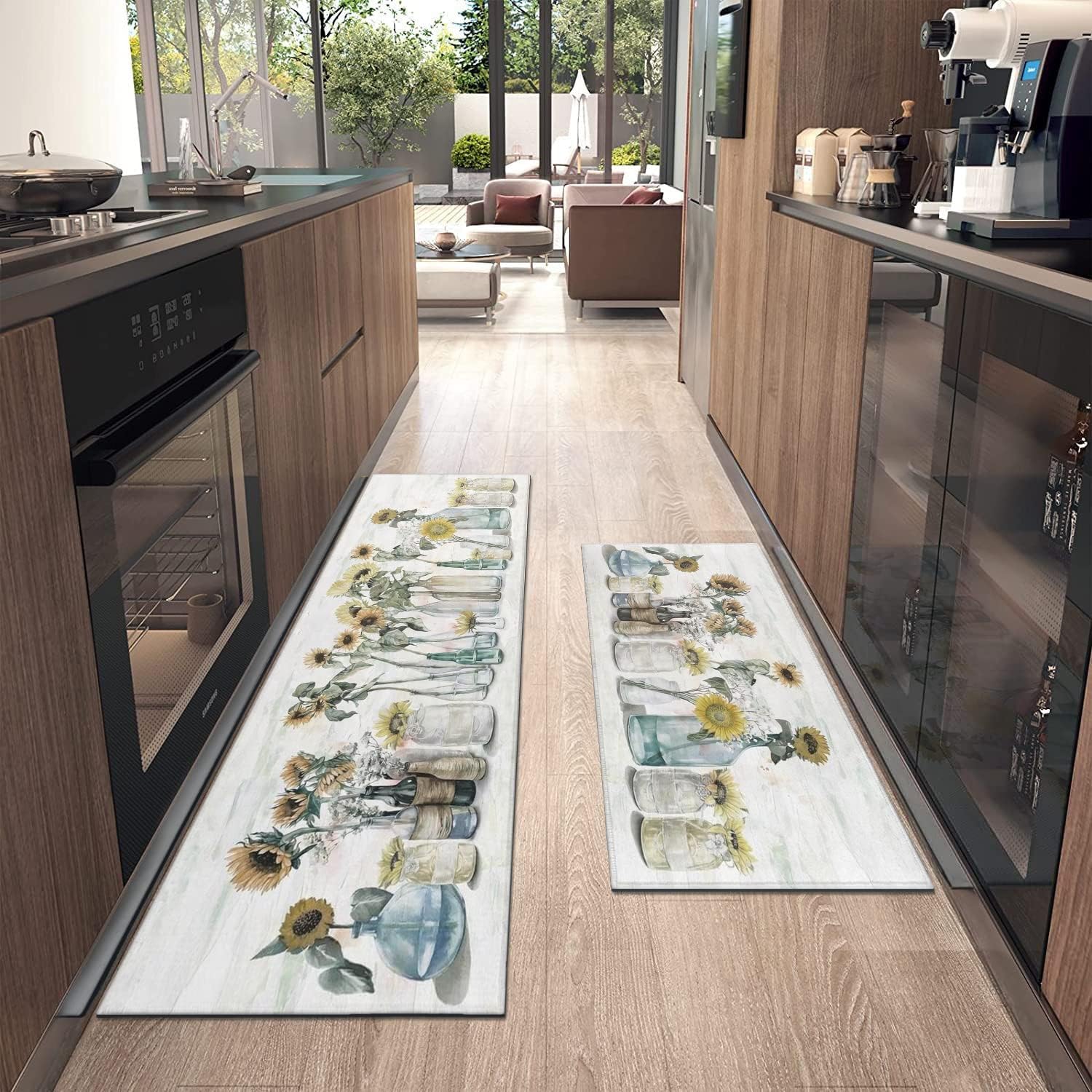 Juego de 2 alfombras de cocina de girasol, coloridas flores de primavera y verano, antideslizantes, lavables, alfombras de cocina con respaldo de