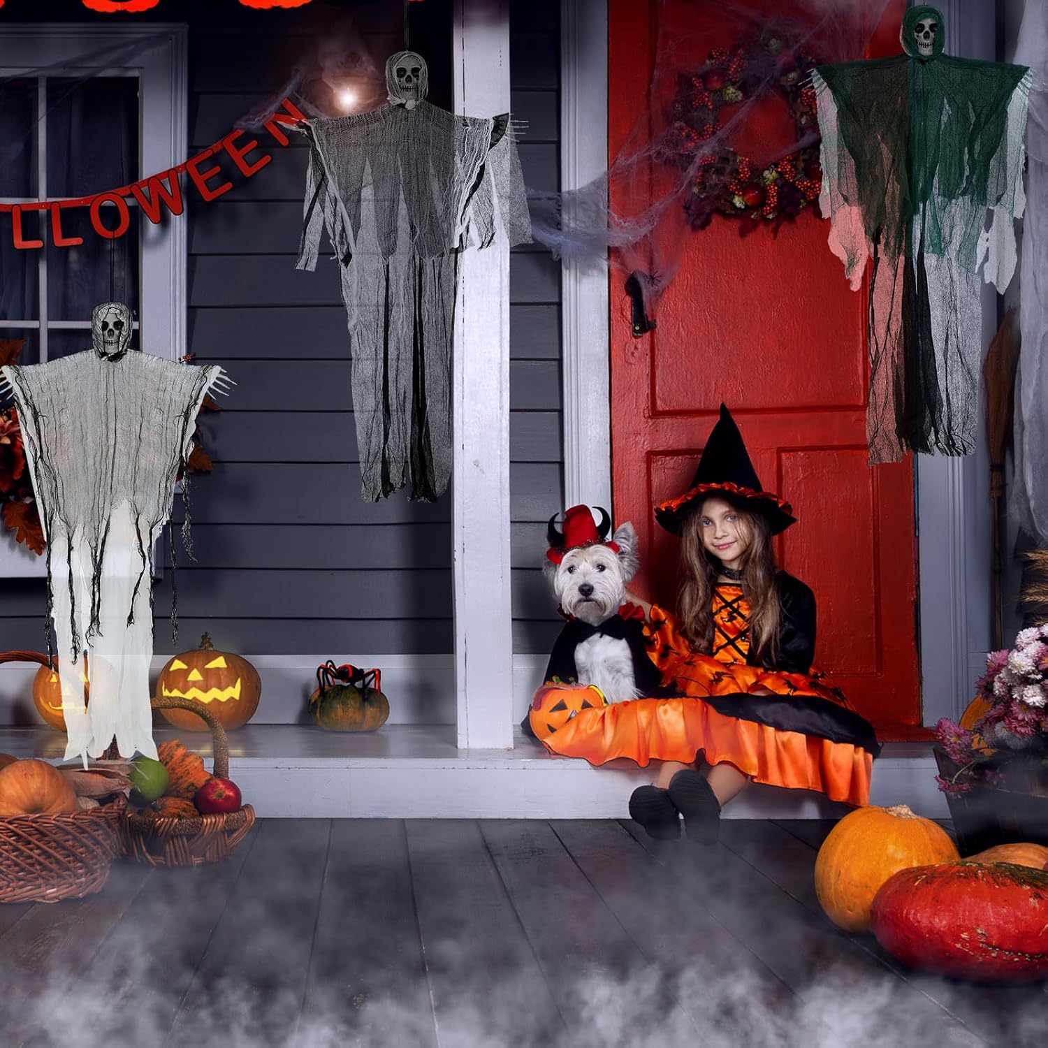5 piezas de 35 pulgadas de Halloween colgantes de parca colgantes de esqueleto de Halloween, fantasmas, decoración de fantasmas colgantes,
