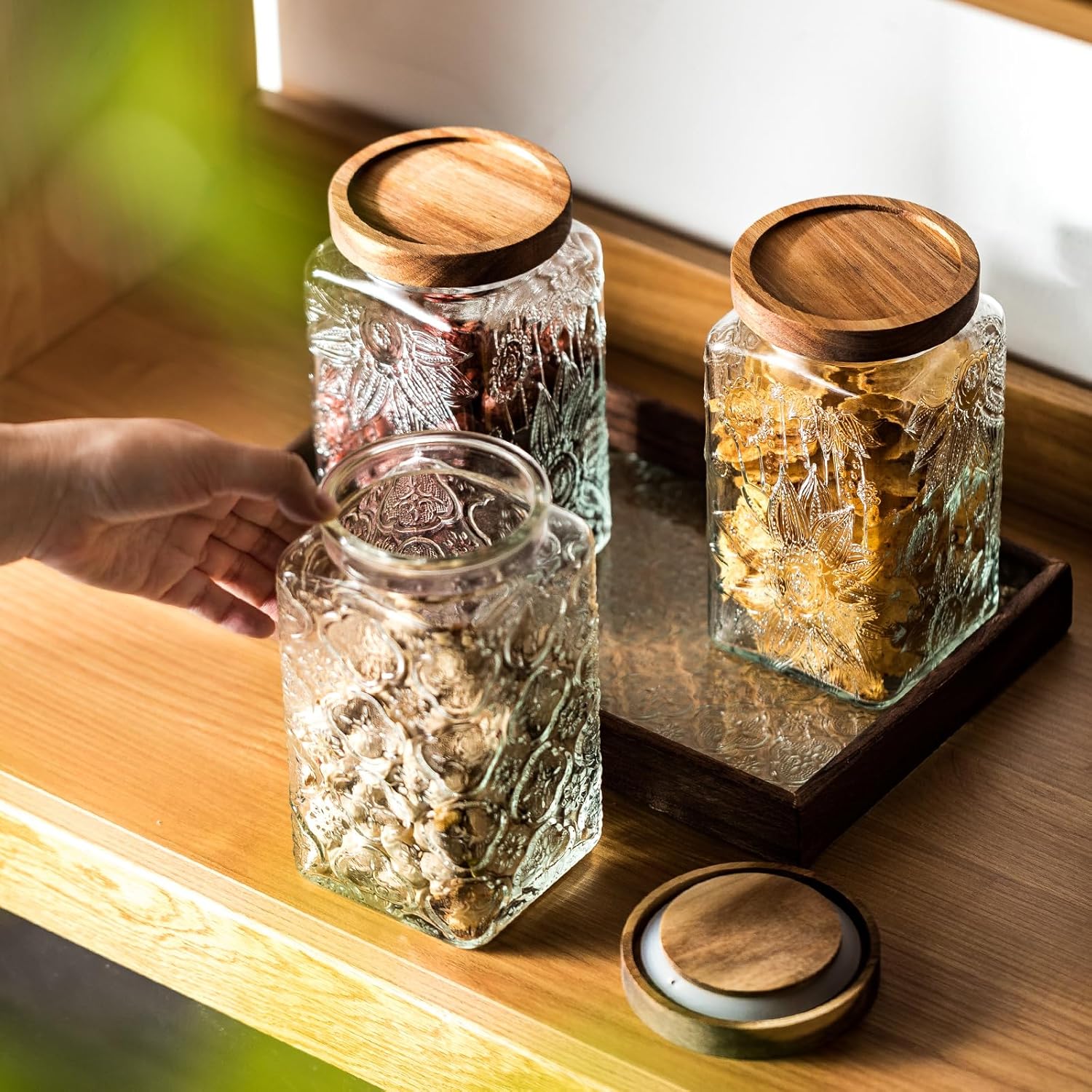 Tarro de almacenamiento sellado de vidrio vintage con tapa de madera sellada, recipiente de almacenamiento de alimentos de vidrio para cocina,