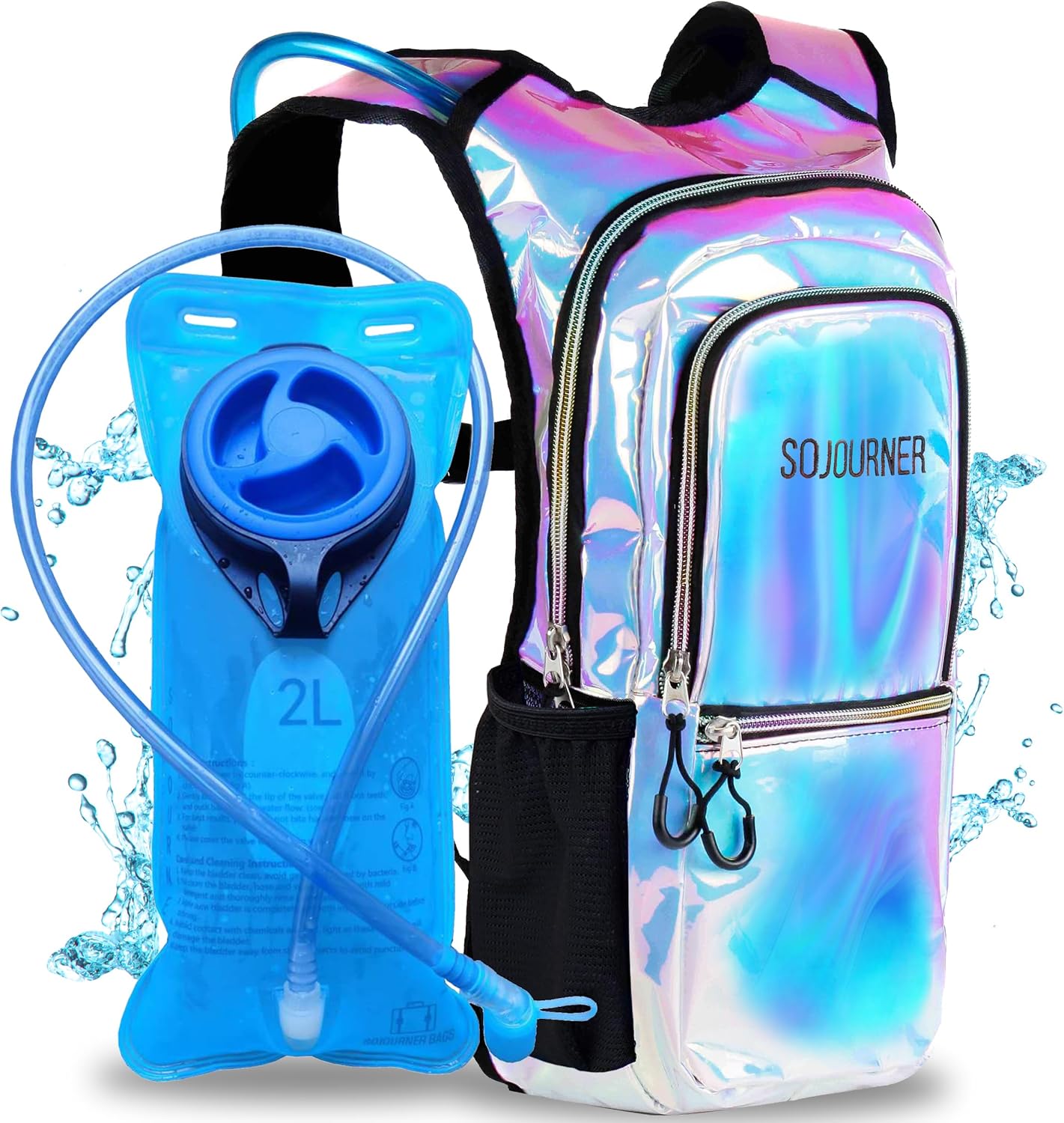 SoJourner Bags, Rave Hydration Pack – Bolsa de agua de 2L incluida, para festivales, raves, senderismo, ciclismo, fiestas, escalada, carrera y más