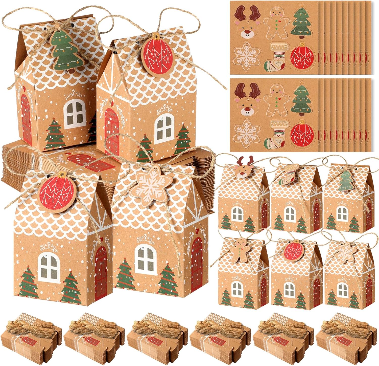 Qeeenar 200 bolsas de regalo de papel kraft de Navidad, 6 estilos, bolsas de dulces de Navidad, cajas de dulces de Navidad para galletas, regalos de