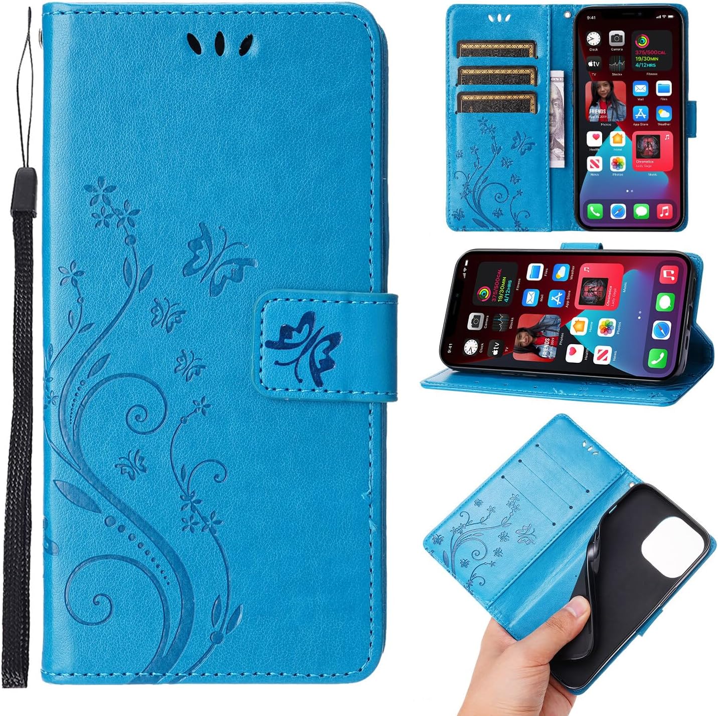 Funda tipo cartera compatible con iPhone 15, de piel sintética, diseño floral de mariposas, funda de silicona con soporte para tarjetas, función