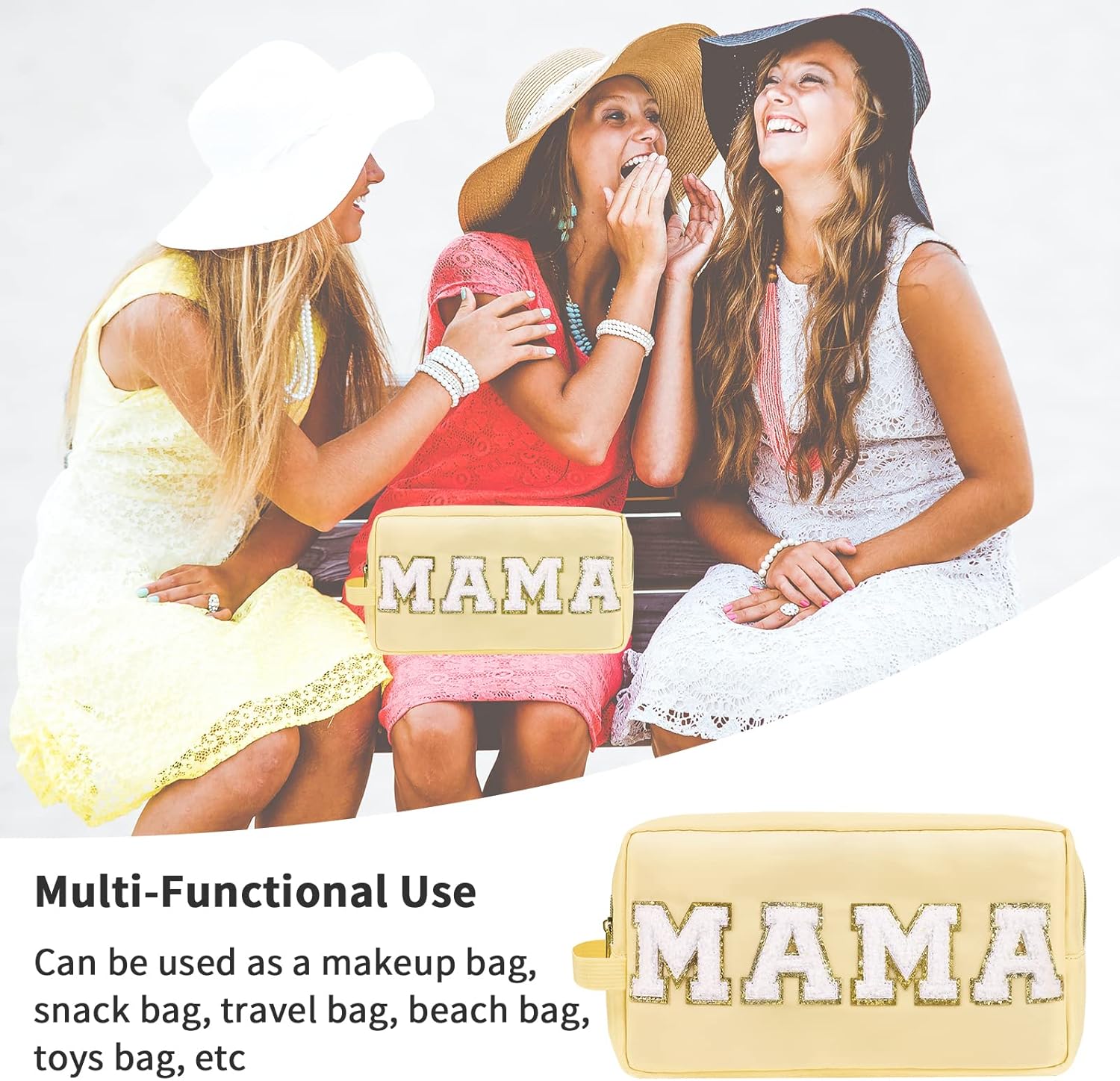 Iqimott Bolsa de maquillaje de parche Preppy, bolsa de maquillaje de letras de chenilla, bolsa de aseo pequeña, Mama-Beige
