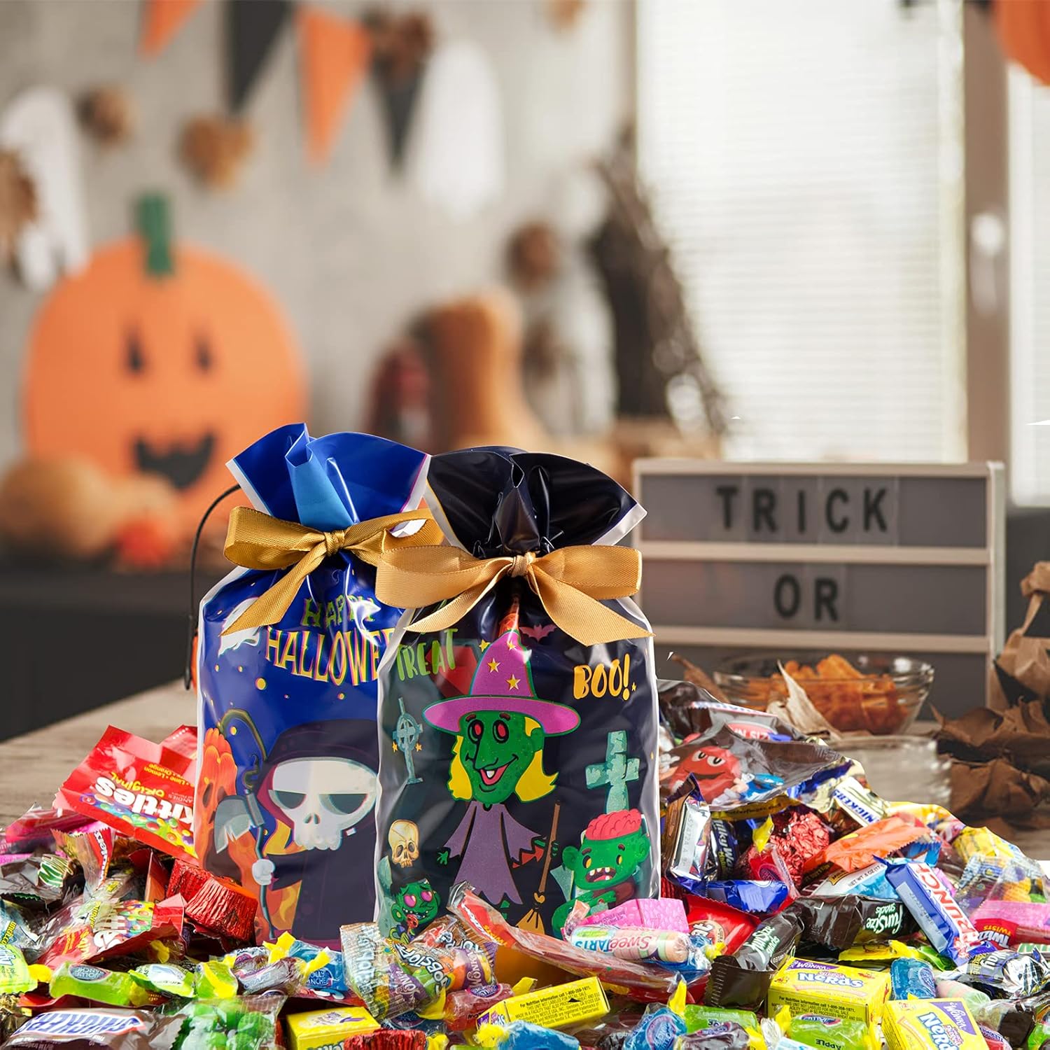 60 bolsas de Halloween con cordón para golosinas, bolsa de golosinas de Halloween para dulce o truco, bolsas de dulces de Halloween, suministros de