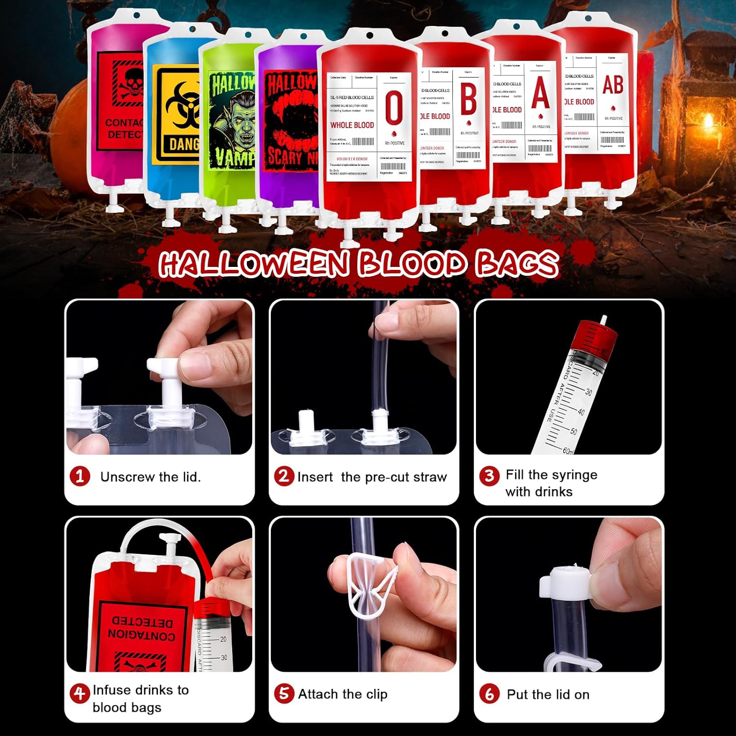 MGparty Paquete de 80 bolsas de sangre para bebida, bolsas de sangre IV para decoración de fiesta de Halloween, contenedor de bebidas, bolsa de jugo