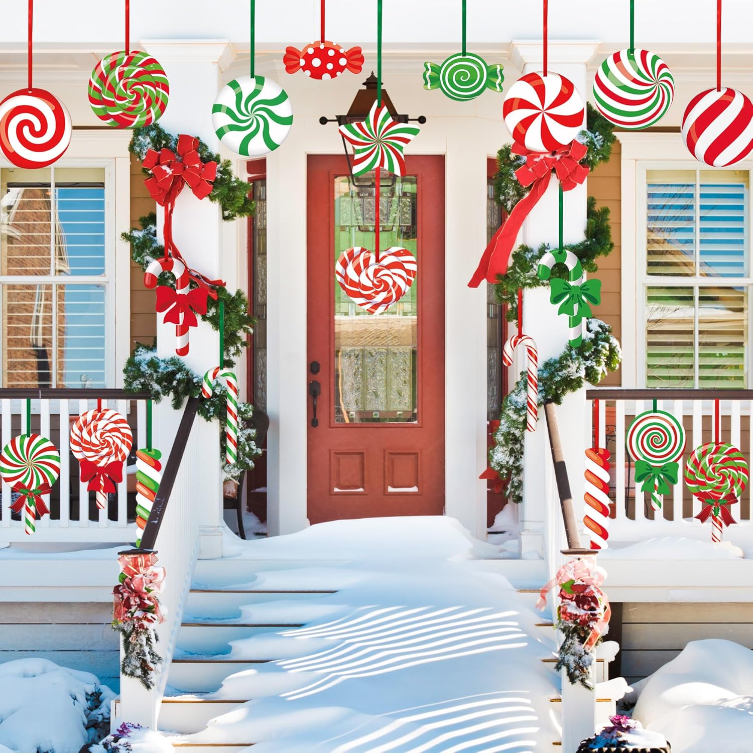 24 piezas de adornos de patio de dulces de Navidad para exteriores, adornos colgantes de caramelo de Navidad, menta, letrero de patio de doble cara,