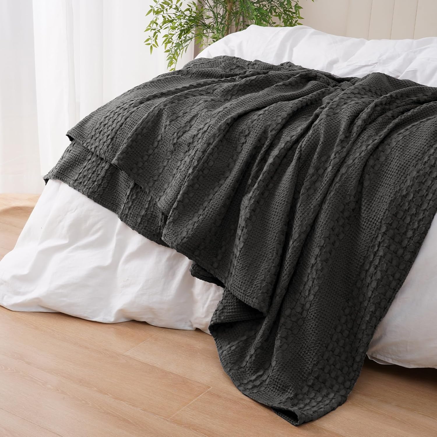 PHF Manta de algodón 100 % algodón tejido de gofre, tamaño Queen, manta ligera de algodón lavado para primavera y verano, 90 x 90 pulgadas, manta