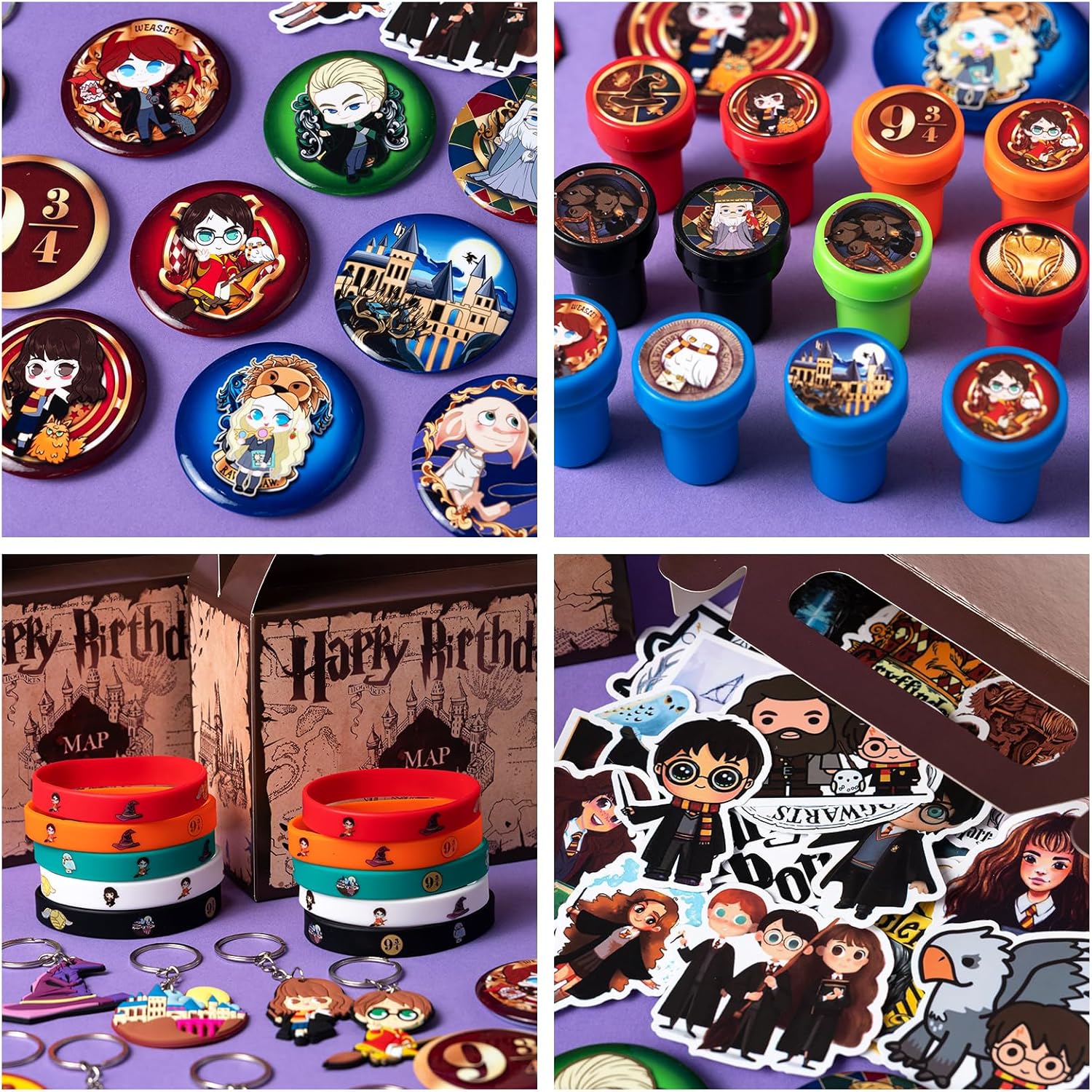 Suministros de fiesta de cumpleaños de mago, juego de 100 piezas de recuerdos de fiesta, incluye 10 pines de botón, 10 llaveros, 10 pulseras de