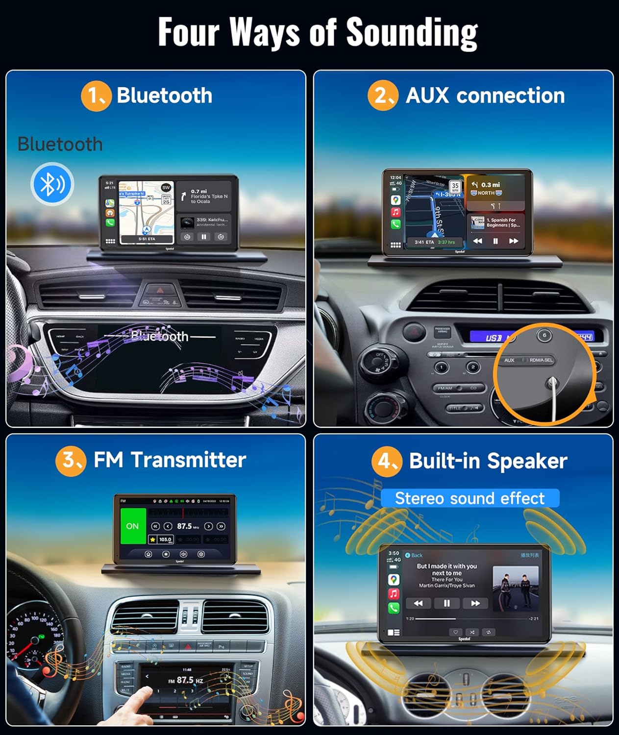Spedal Receptores estéreo inalámbricos para Apple CarPlay y Android Auto, pantalla táctil IPS portátil de 7 pulgadas con cámara frontal,